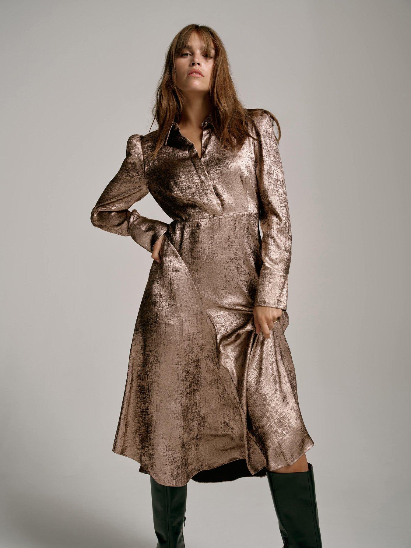 Image 3 of 6 of Mint Velvet Metallic Shirt Dress - Gold