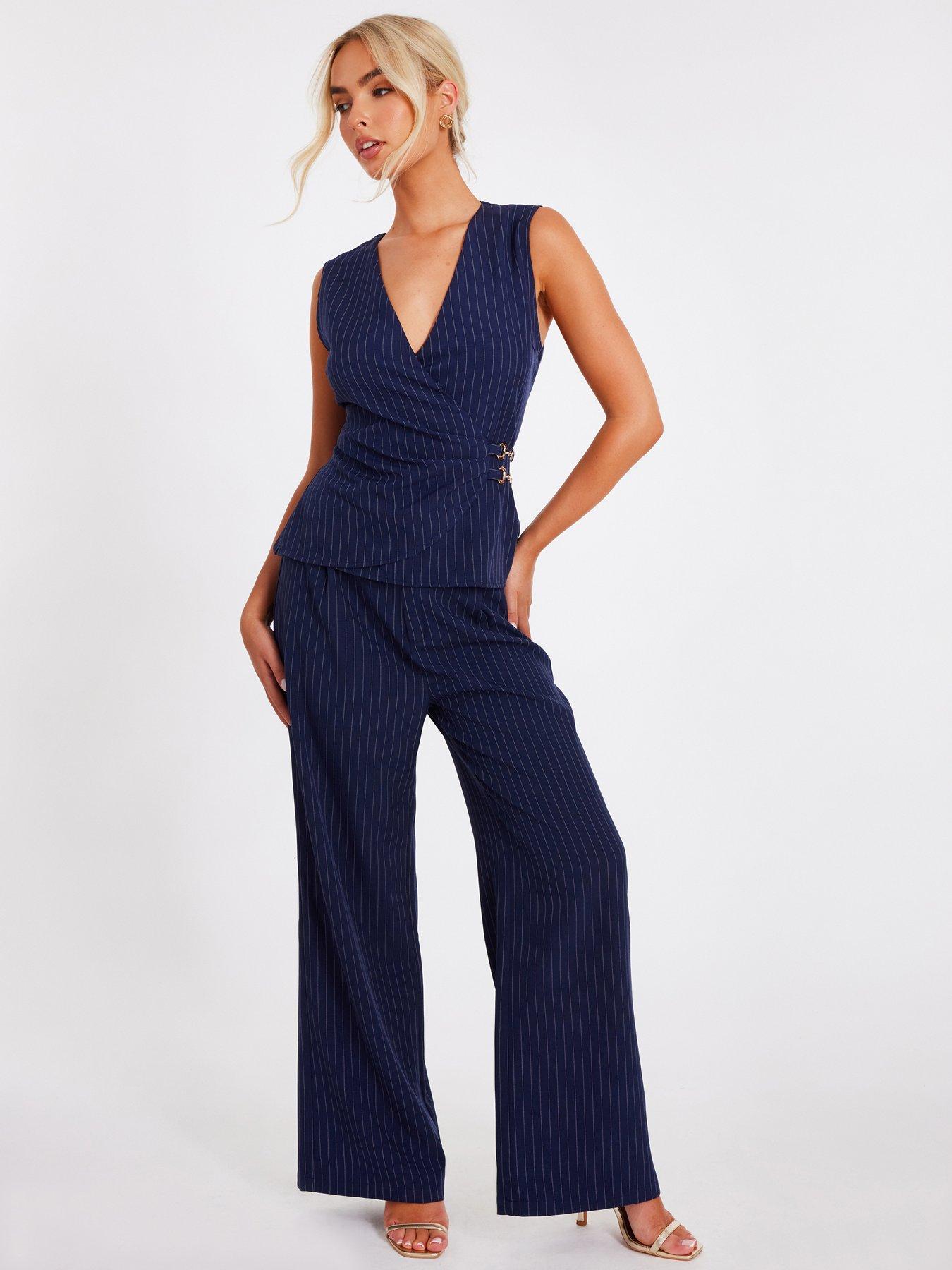 Quiz Navy Pinstripe Wide Leg Trousers