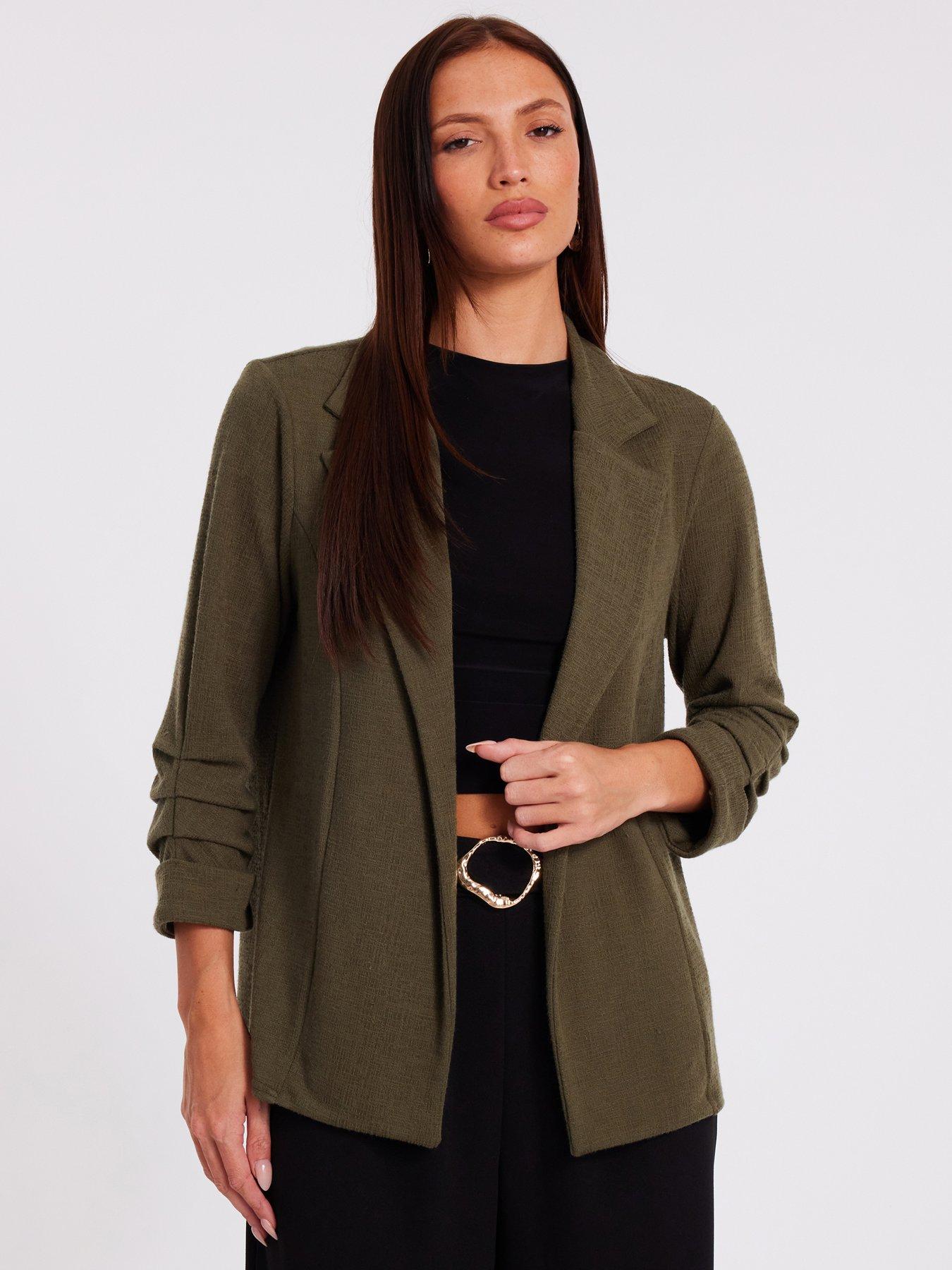 Image 1 of 6 of Quiz Petite Bottle Green Ruched Sleeve Blazer