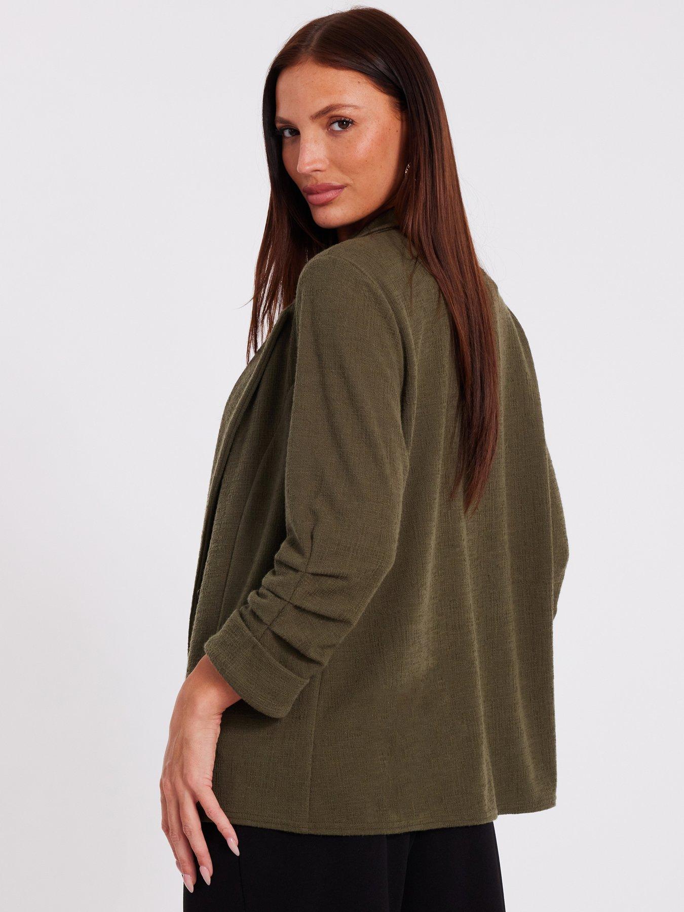 Image 2 of 6 of Quiz Petite Bottle Green Ruched Sleeve Blazer
