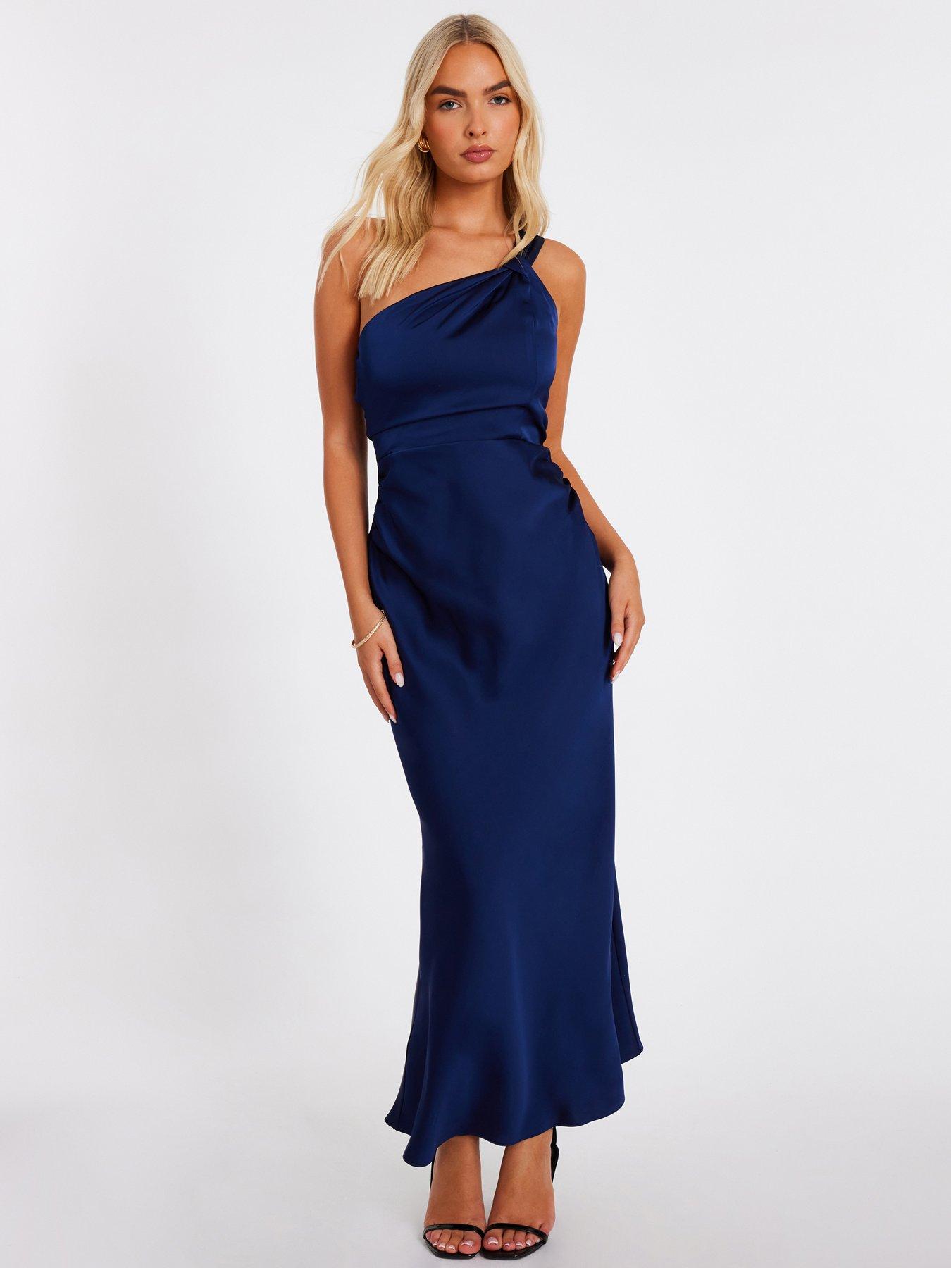 Quiz Navy Satin One Shoulder Midaxi Dress