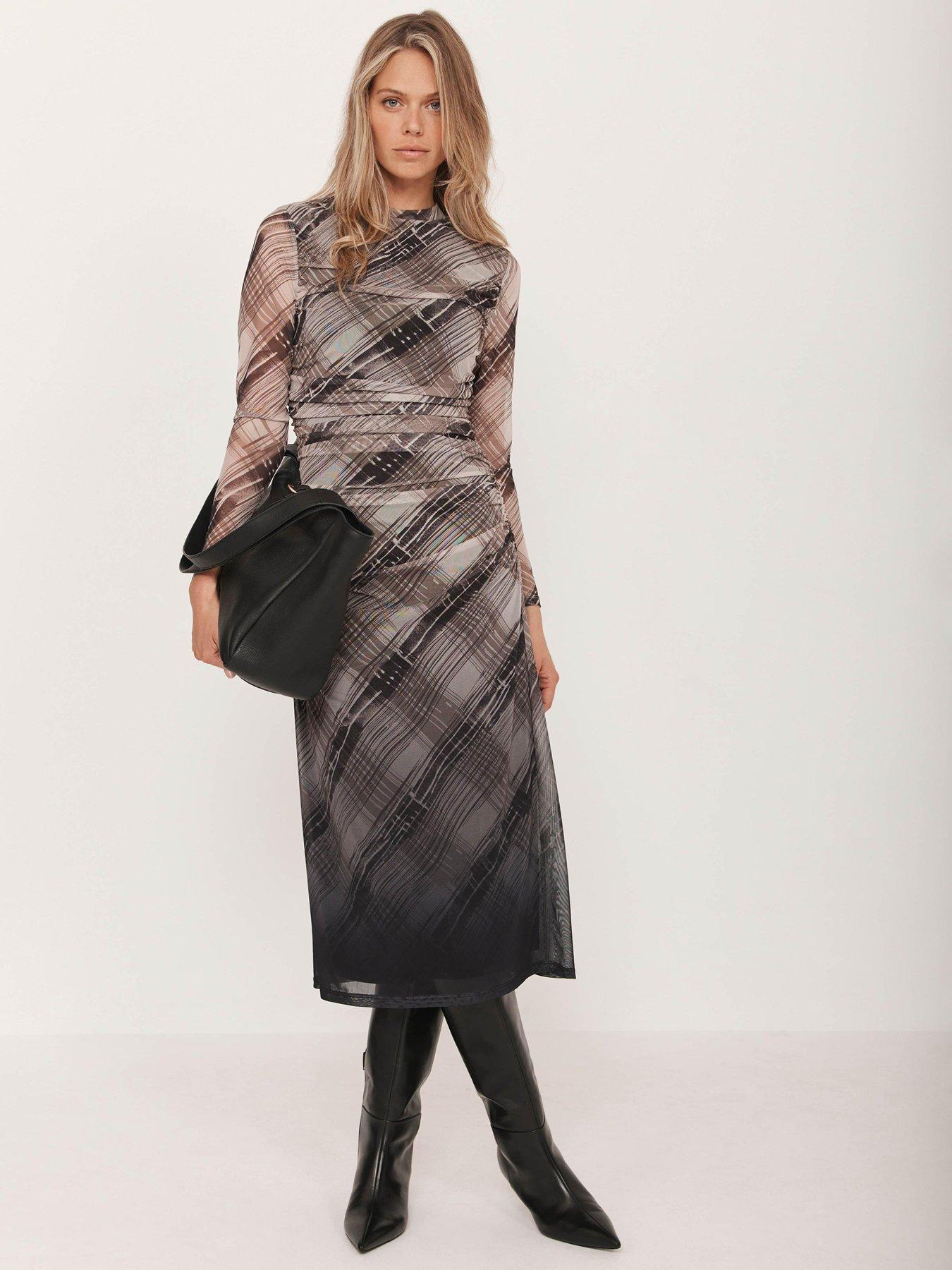 Mint Velvet Check Ombre Printed Mesh Dress - Brown