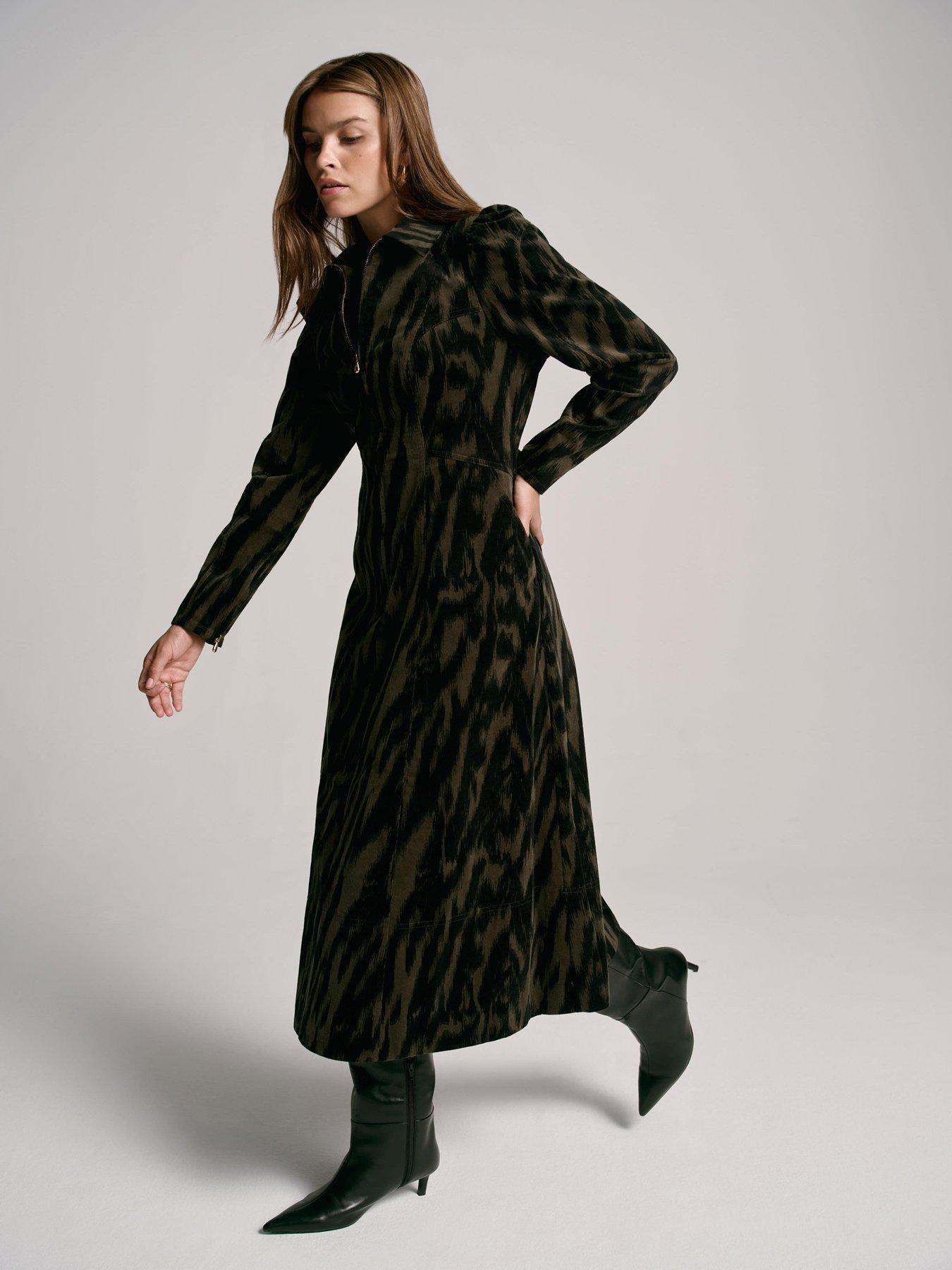 Image 2 of 6 of Mint Velvet Zebra Print Cord Midi Dress - Green