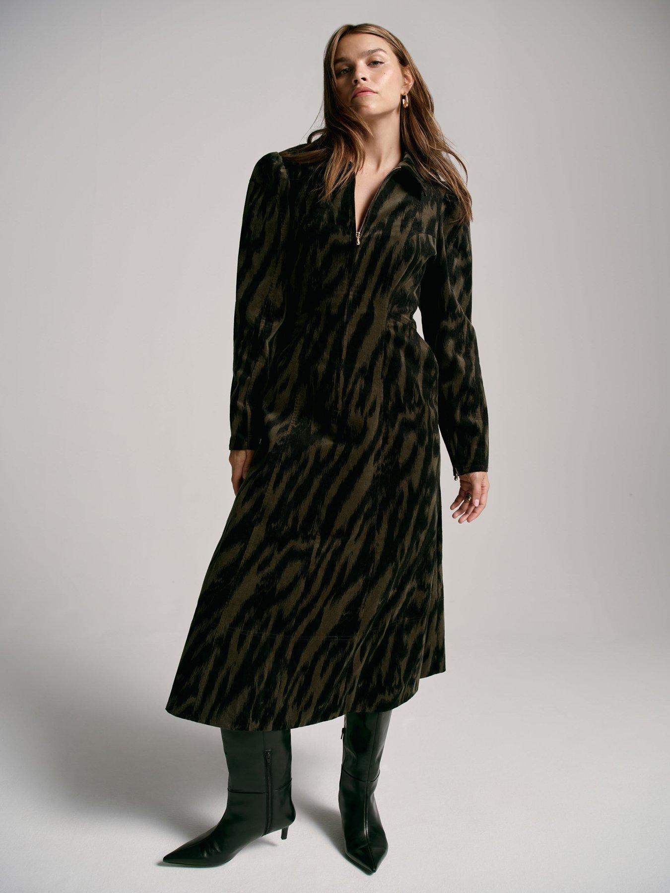 Image 3 of 6 of Mint Velvet Zebra Print Cord Midi Dress - Green