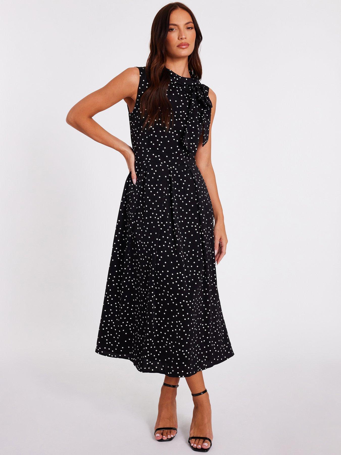 Quiz Black Tie Neck Polka Dot Midaxi Dress