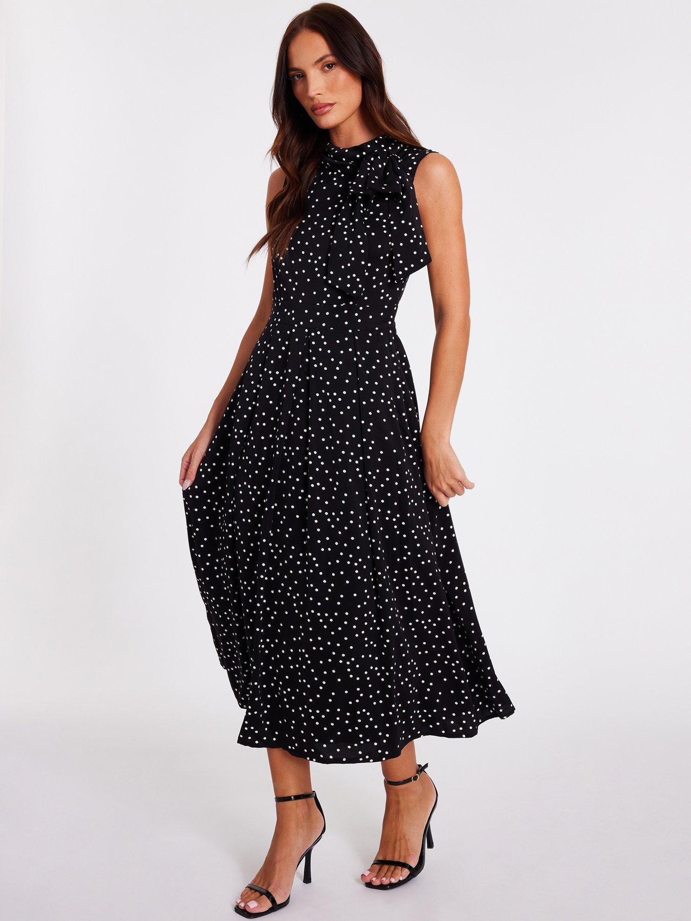 Image 3 of 6 of Quiz Black Tie Neck Polka Dot Midaxi Dress