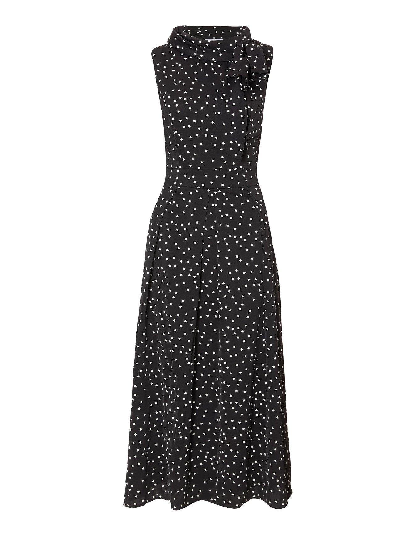 Image 4 of 6 of Quiz Black Tie Neck Polka Dot Midaxi Dress