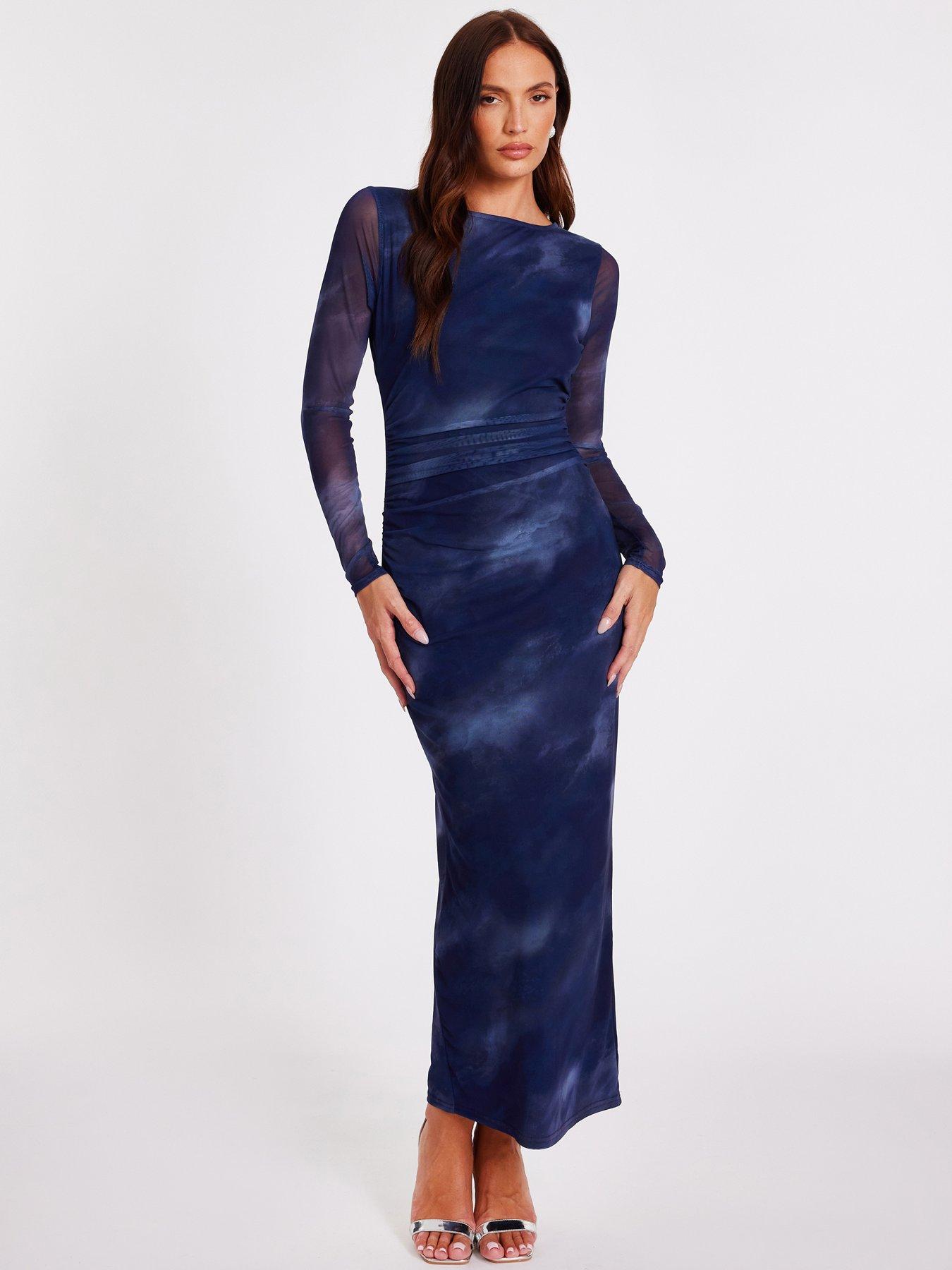 Quiz Blue Printed Long Sleeve Midaxi Dress