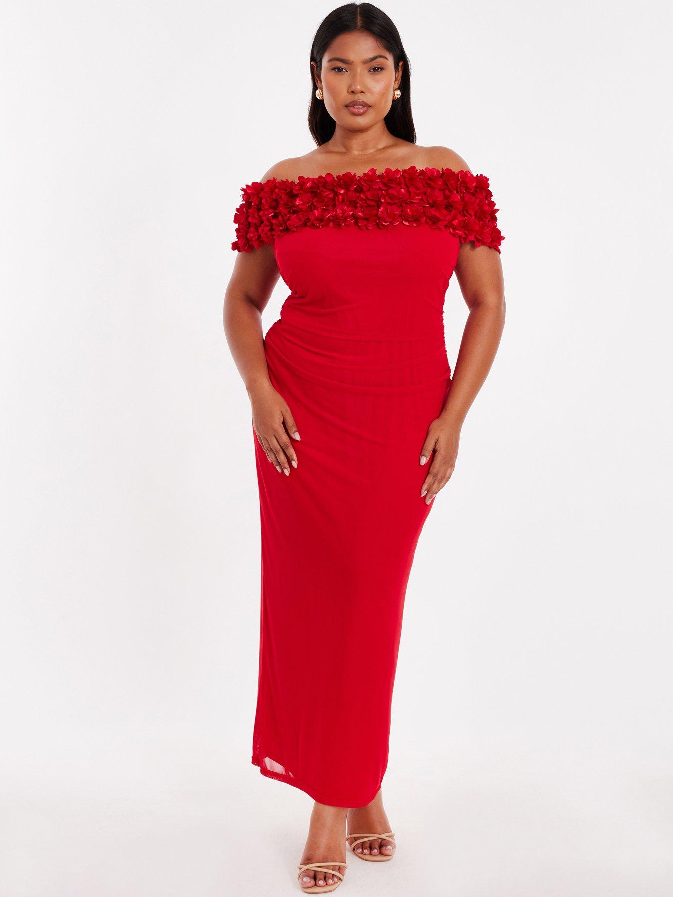 Image 1 of 6 of Quiz Curve Red Floral Bardot Midaxi Dress
