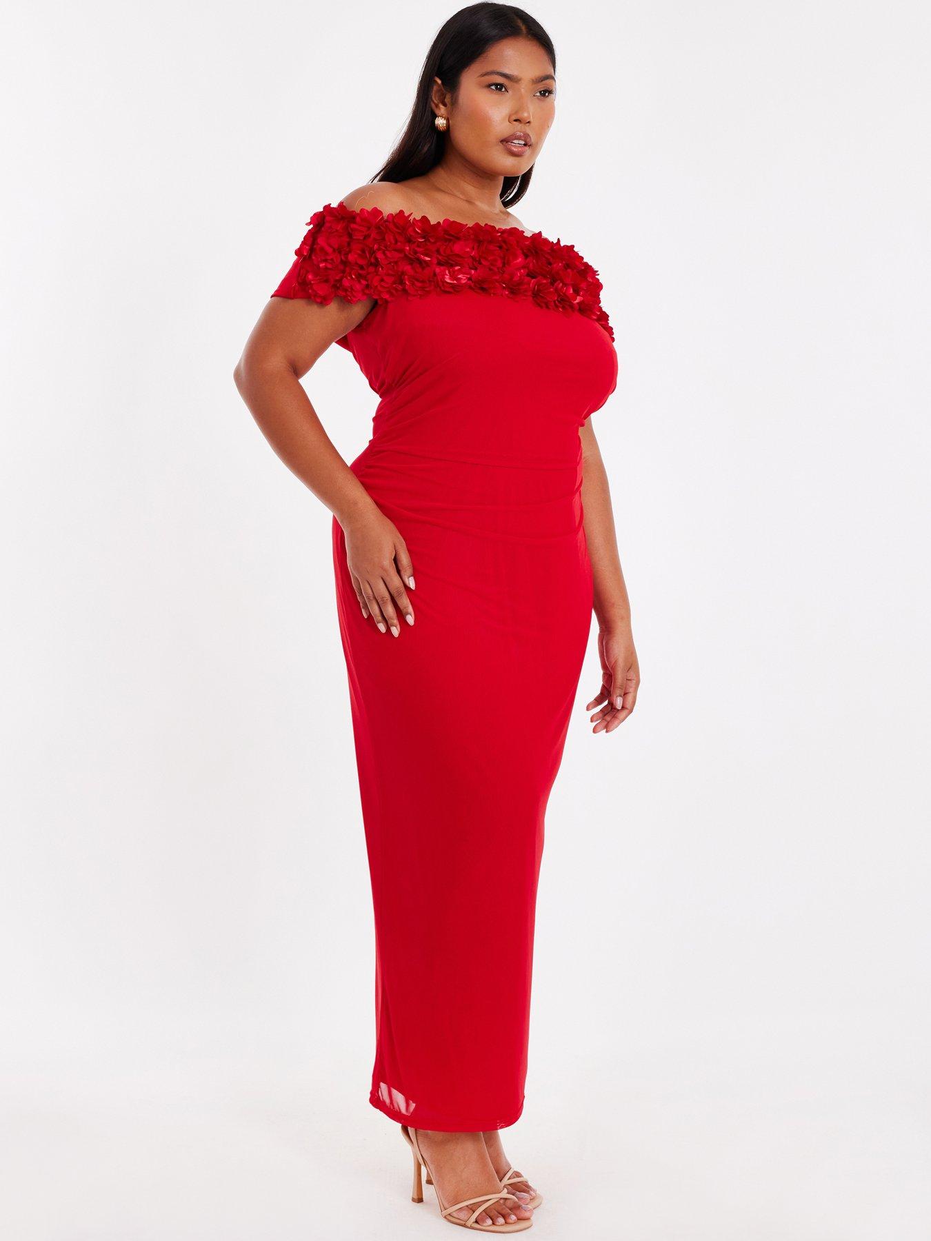 Image 3 of 6 of Quiz Curve Red Floral Bardot Midaxi Dress