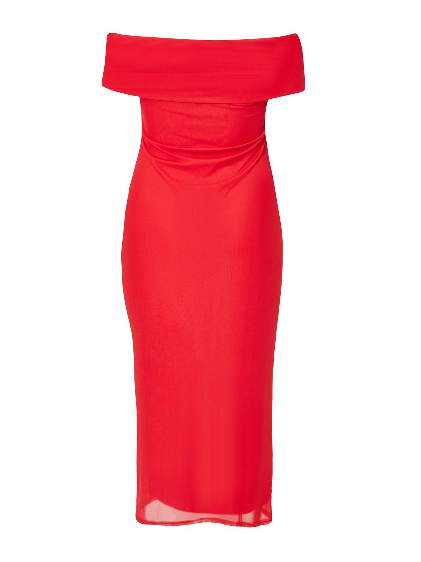 Image 5 of 6 of Quiz Curve Red Floral Bardot Midaxi Dress