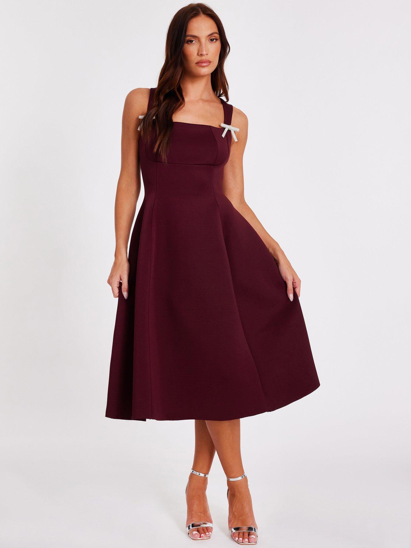 Image 3 of 6 of Quiz Dark Red Diamante Bow Midi Dress