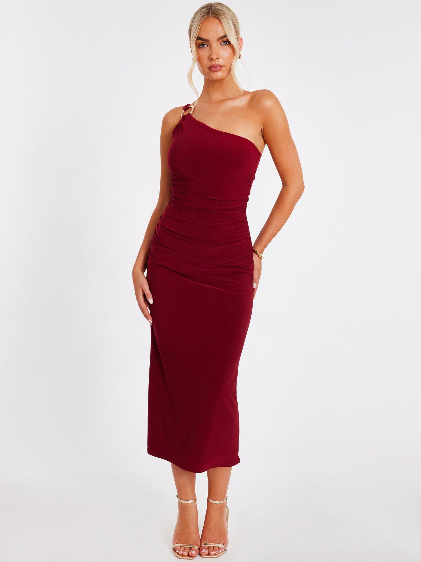 Quiz Dark Red One Shoulder Midaxi Dress