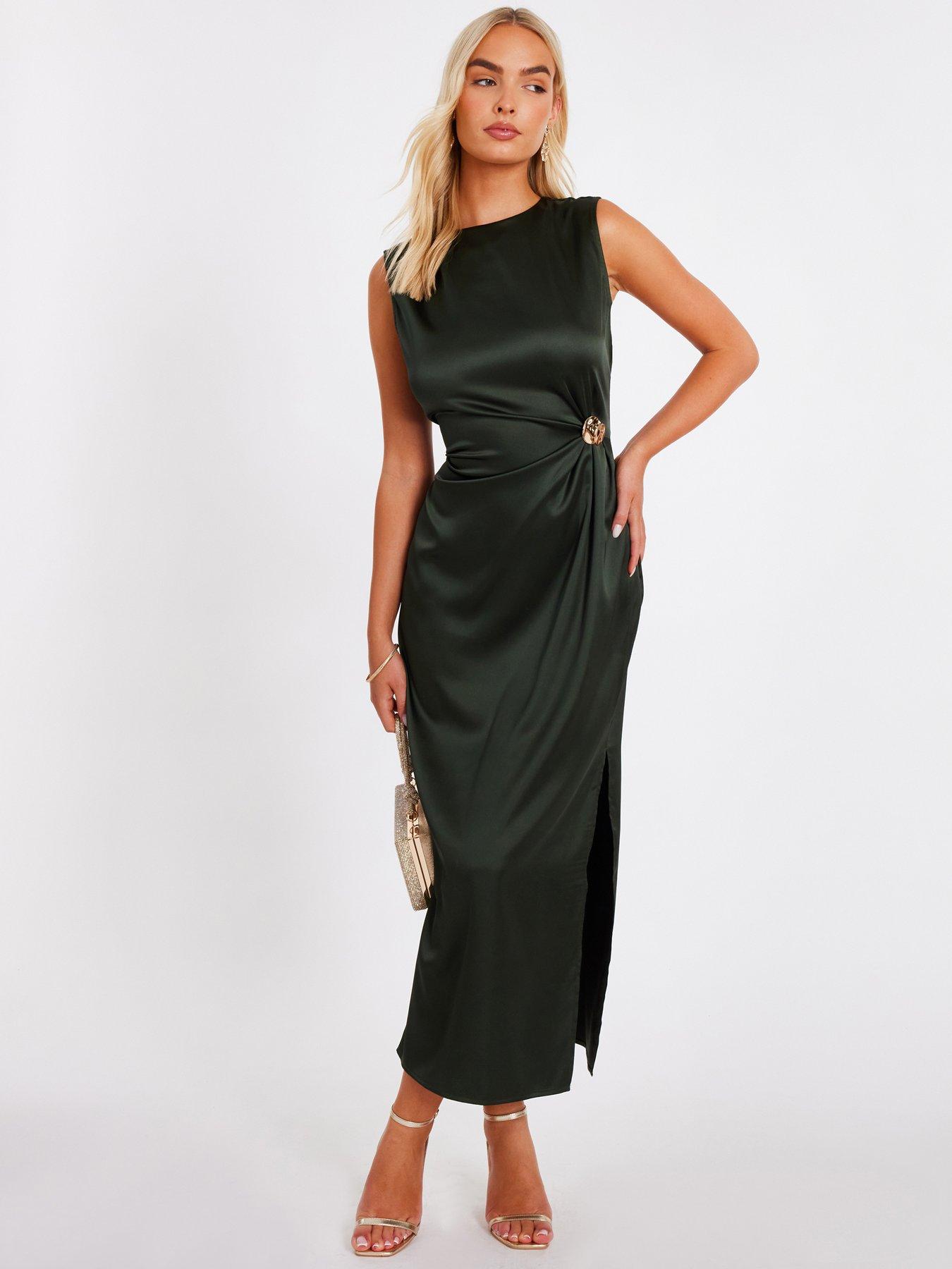 Quiz Khaki Satin Buckle Side Midaxi Dress