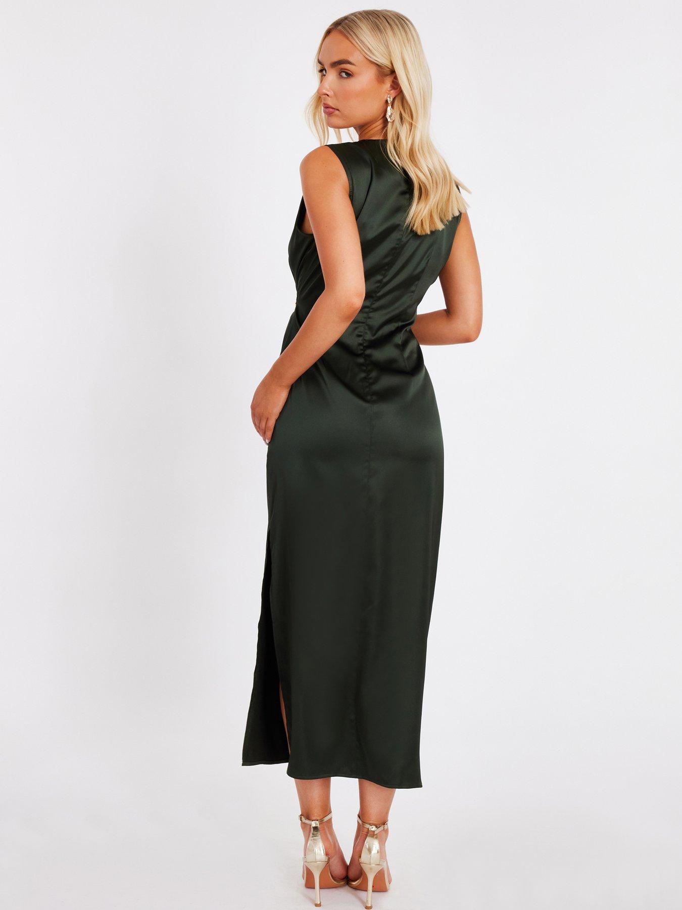 Image 2 of 6 of Quiz Khaki Satin Buckle Side Midaxi Dress