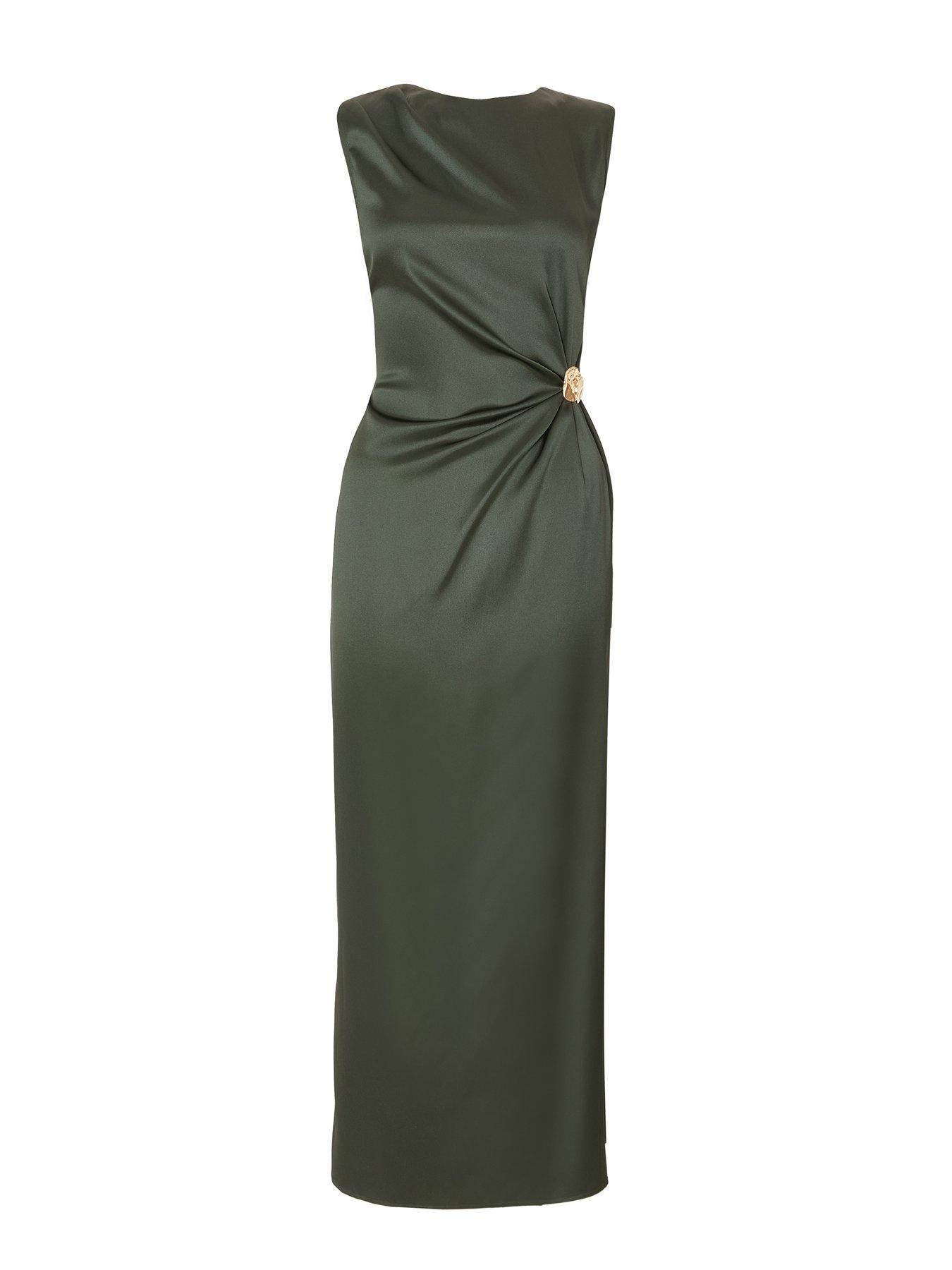 Image 4 of 6 of Quiz Khaki Satin Buckle Side Midaxi Dress