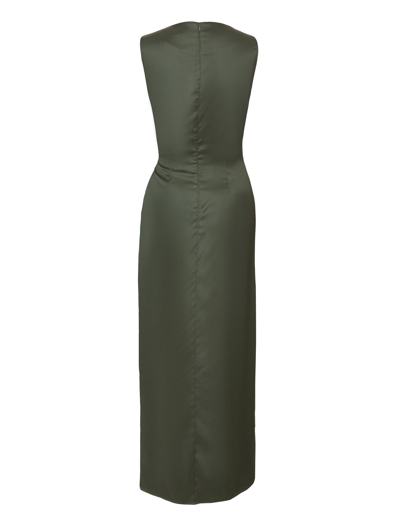 Image 5 of 6 of Quiz Khaki Satin Buckle Side Midaxi Dress