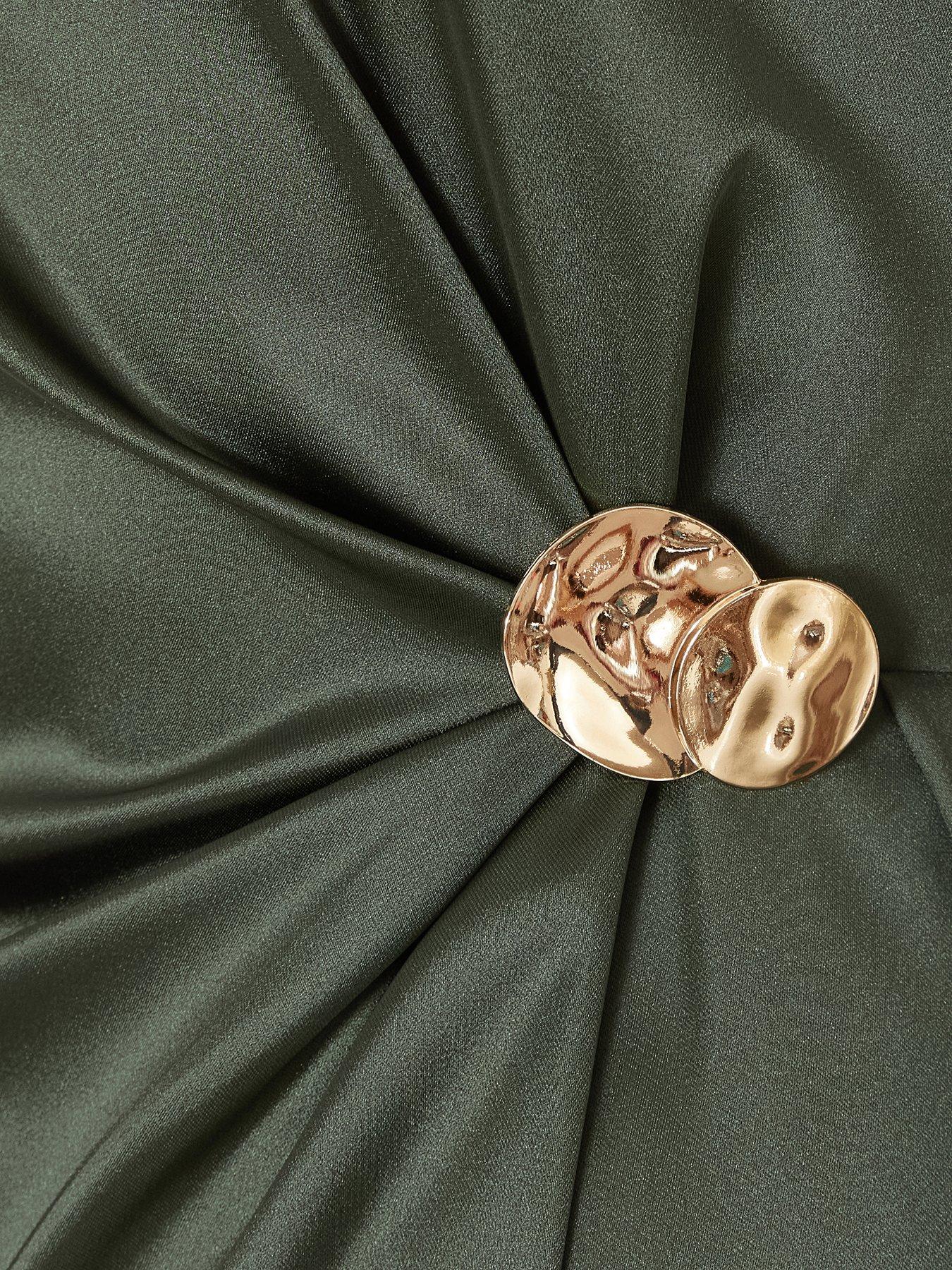 Image 6 of 6 of Quiz Khaki Satin Buckle Side Midaxi Dress