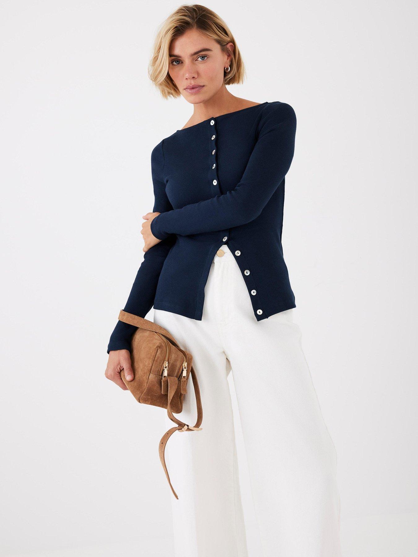 Mint Velvet Navy Button Through Rib Top - Blue