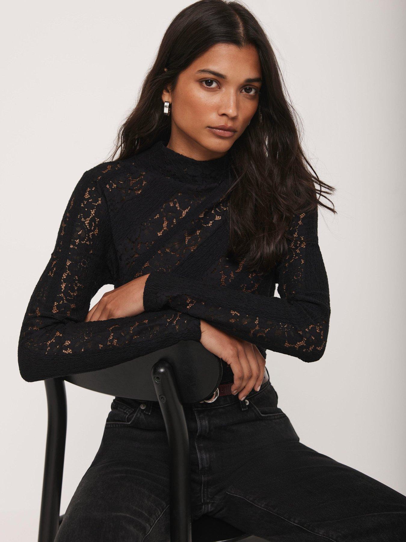  image of mint-velvet-lace-high-neck-top-black