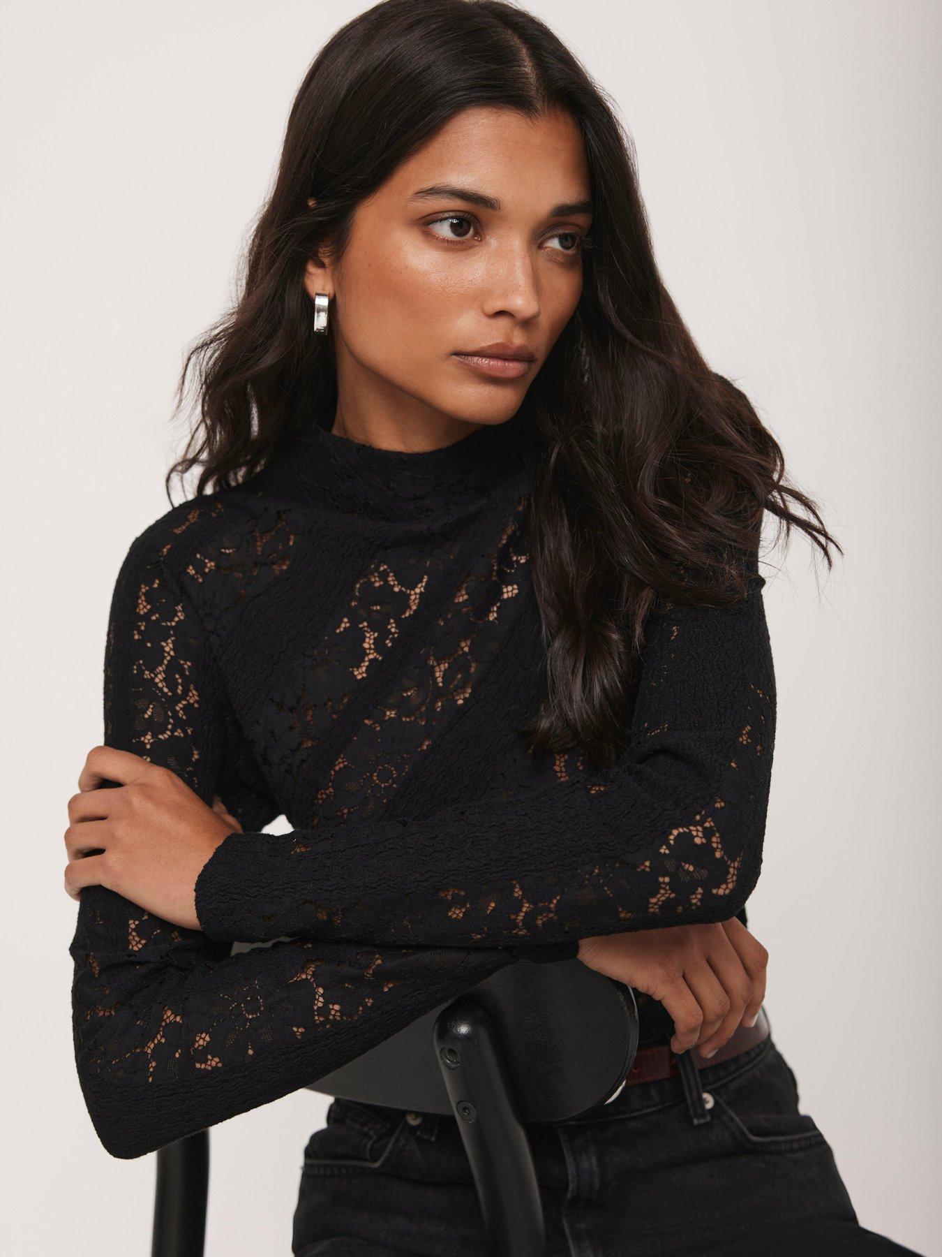  image of mint-velvet-lace-high-neck-top-black