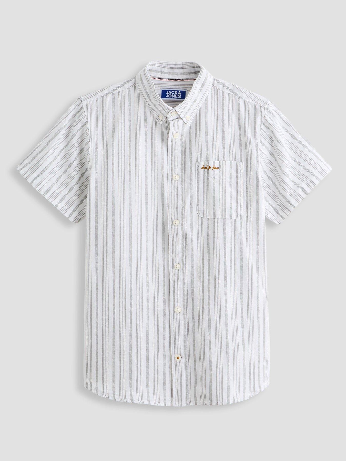 Image 1 of 4 of Jack & Jones Junior Boys Devin Stripe Short Sleeve Shirt - Khaki