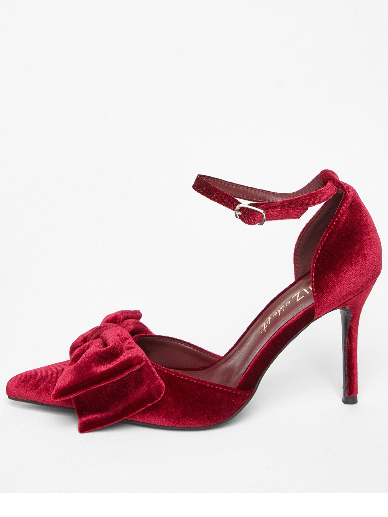 Quiz Wide Fit Dark Red Velvet Bow Court Heels