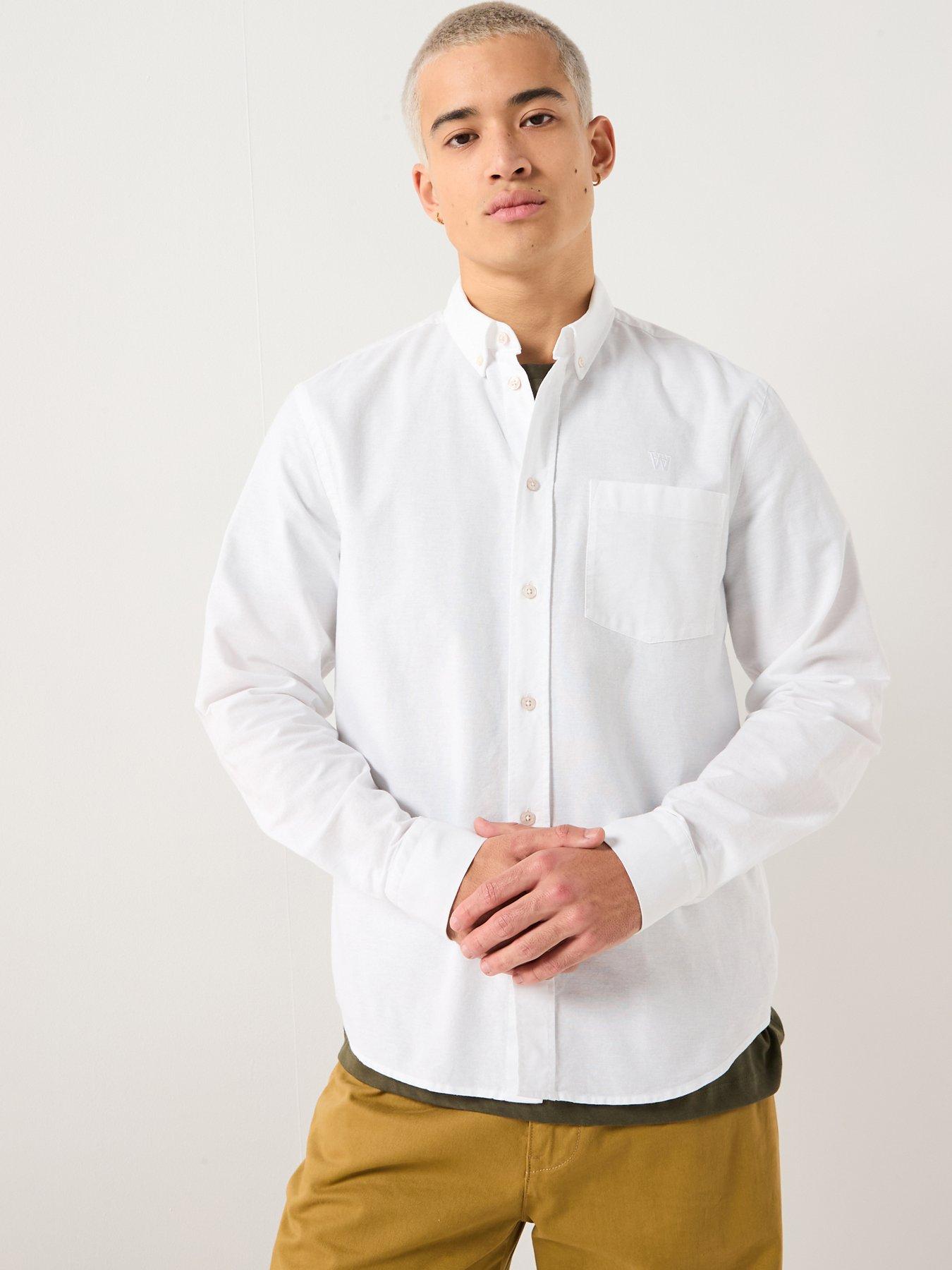Double A by Wood Wood Adam Long Sleeve Plain Cotton Shirt - White