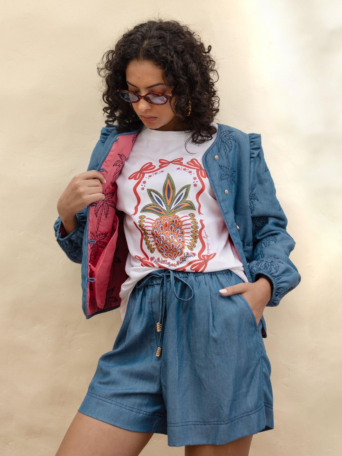 Emily Lovelock Brenda Palm Tree Quilted Denim Jacket - Blue