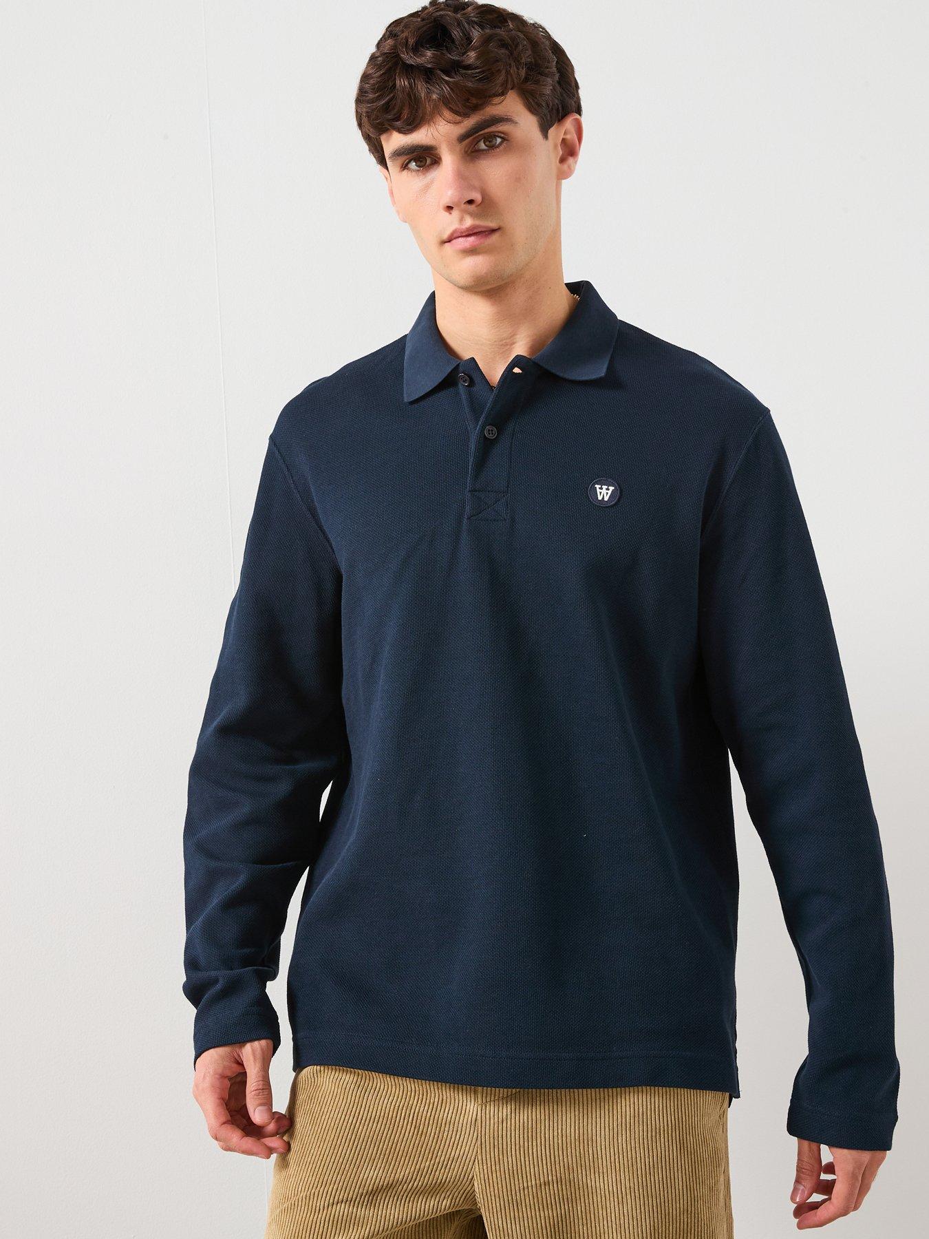 Double A by Wood Wood Long Sleeve Polo Shirt - Navy