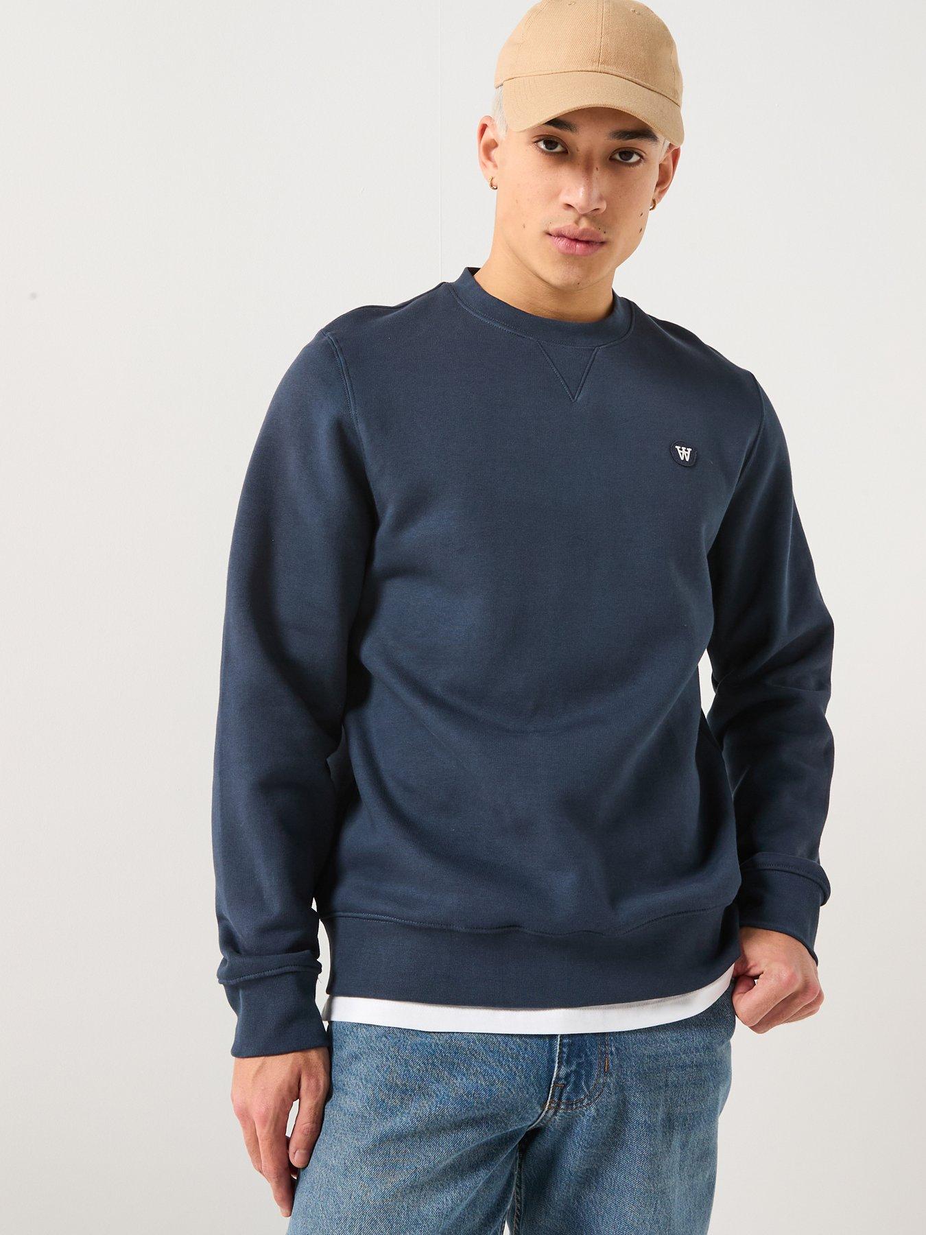 front image of double-a-by-wood-wood-tye-coin-logo-crew-sweatshirt-navy