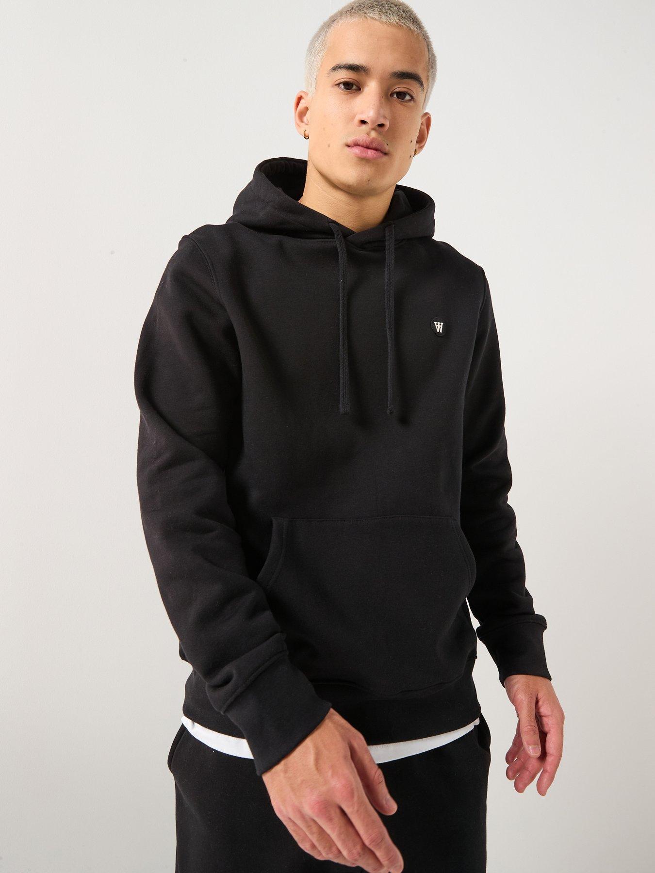 front image of double-a-by-wood-wood-ash-coin-logo-overhead-hoodie-black