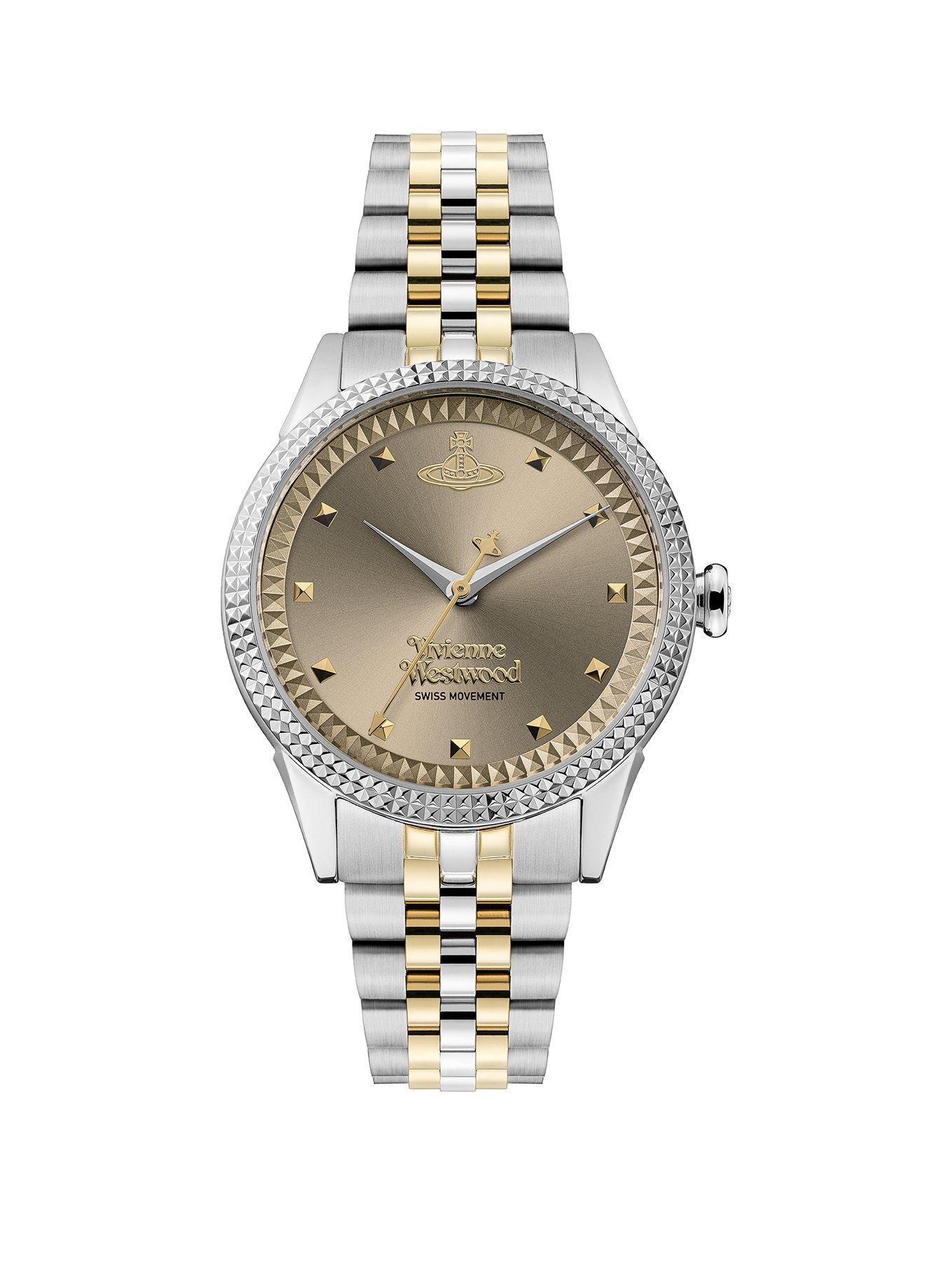  image of vivienne-westwood-little-seymour-ladies-quartz-watch-warm-grey-sunray-dial-silver-stainless-steel-case-and-two-tone-bracelet