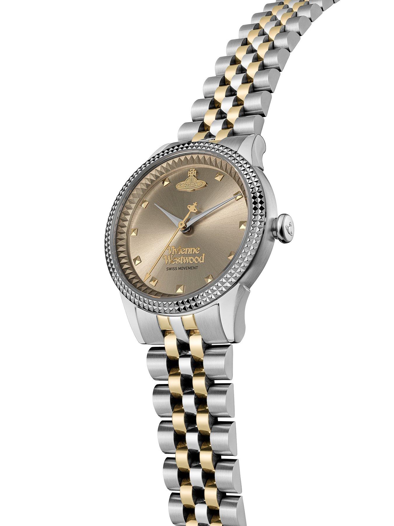  image of vivienne-westwood-little-seymour-ladies-quartz-watch-warm-grey-sunray-dial-silver-stainless-steel-case-and-two-tone-bracelet
