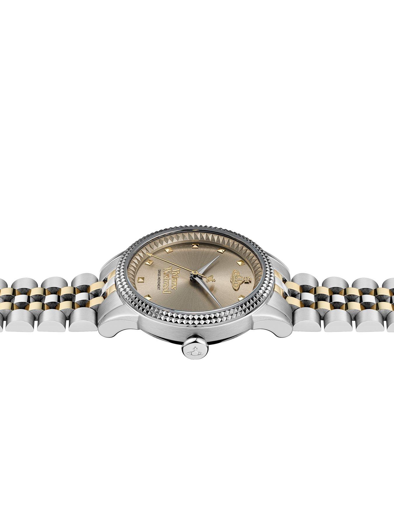  image of vivienne-westwood-little-seymour-ladies-quartz-watch-warm-grey-sunray-dial-silver-stainless-steel-case-and-two-tone-bracelet