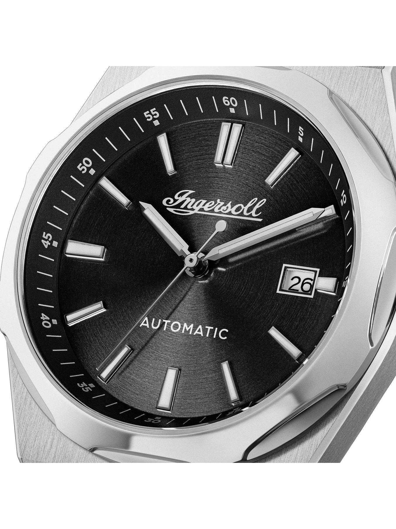  image of ingersoll-1892-the-rider-automatic-mens-watch-with-black-dial-and-silver-stainless-steel-bracelet-i16801