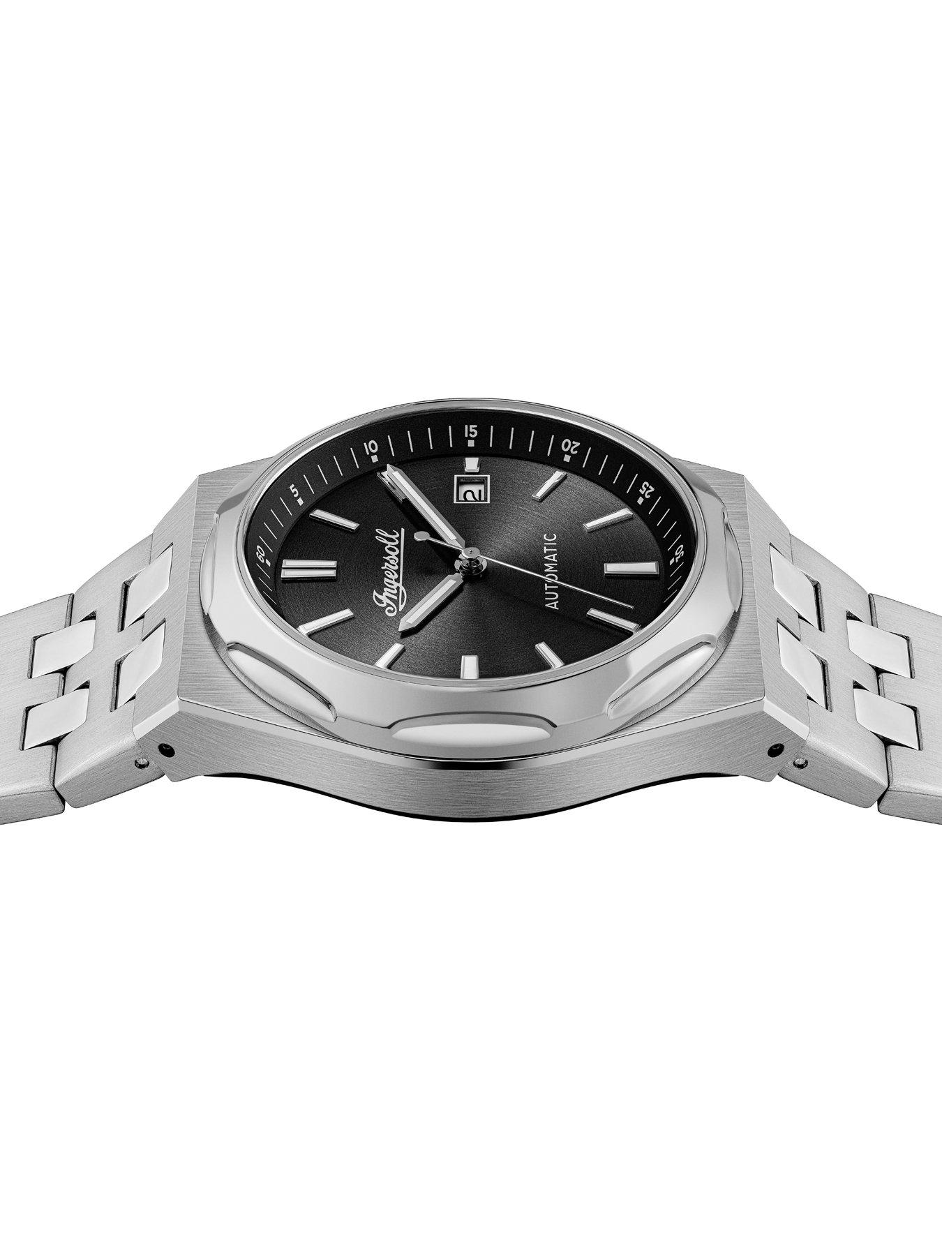  image of ingersoll-1892-the-rider-automatic-mens-watch-with-black-dial-and-silver-stainless-steel-bracelet-i16801