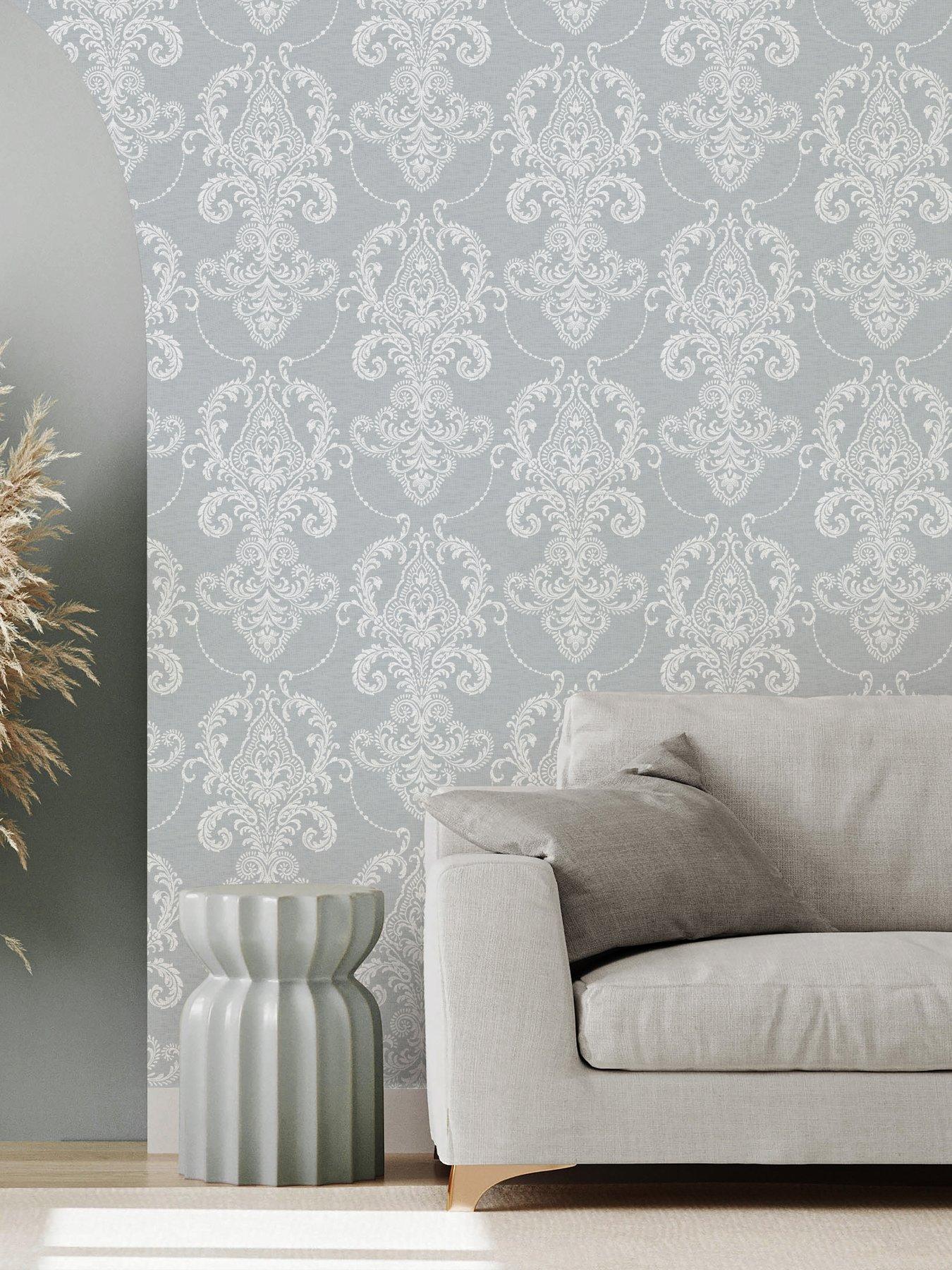 front image of the-very-collection-embroidered-damask-blue-wallpaper