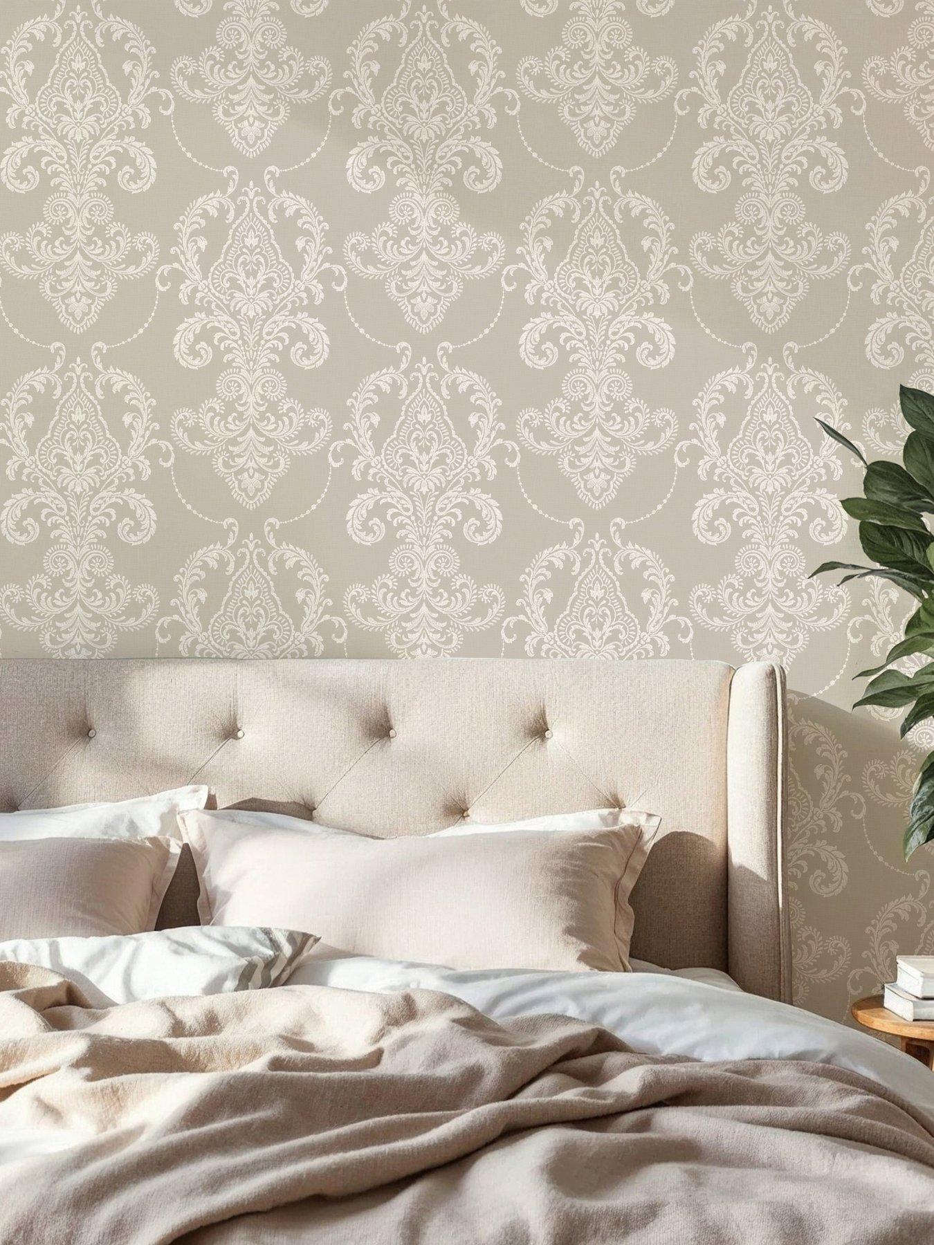 The Very Collection Embroidered Damask Natural Wallpaper