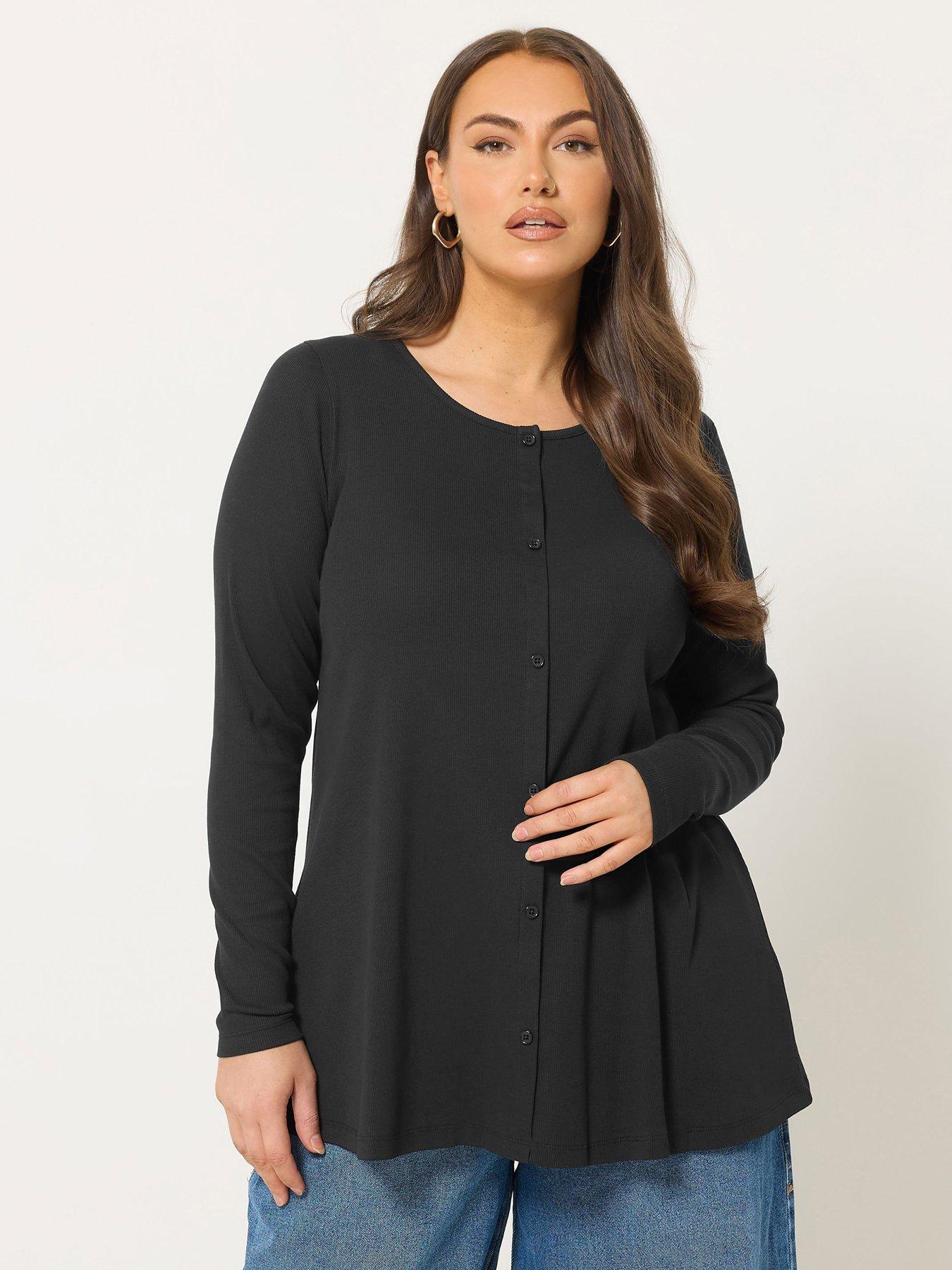 Yours Curve Button Front Henley Top - Black