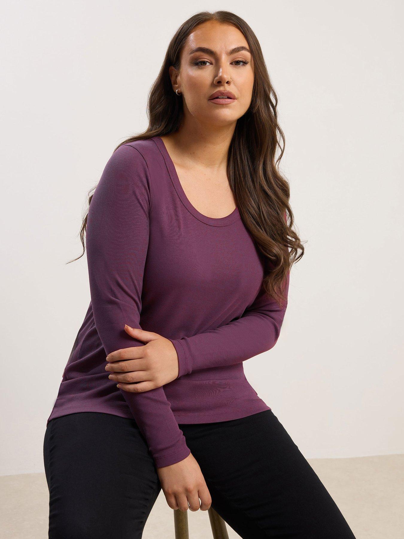 Yours Curve Rib Long Sleeve Scoop Top - Purple