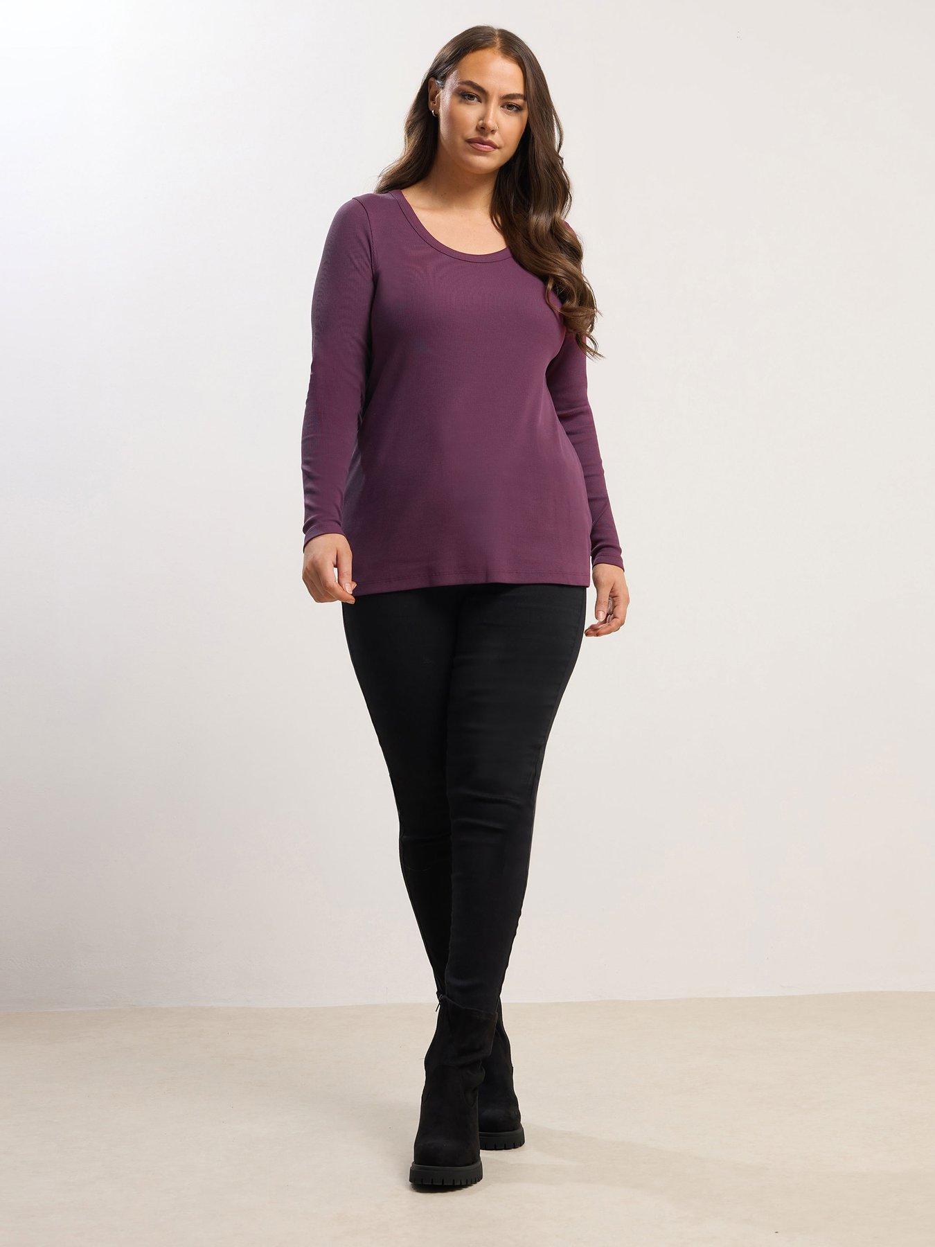 Image 3 of 4 of Yours Curve Rib Long Sleeve Scoop Top - Purple