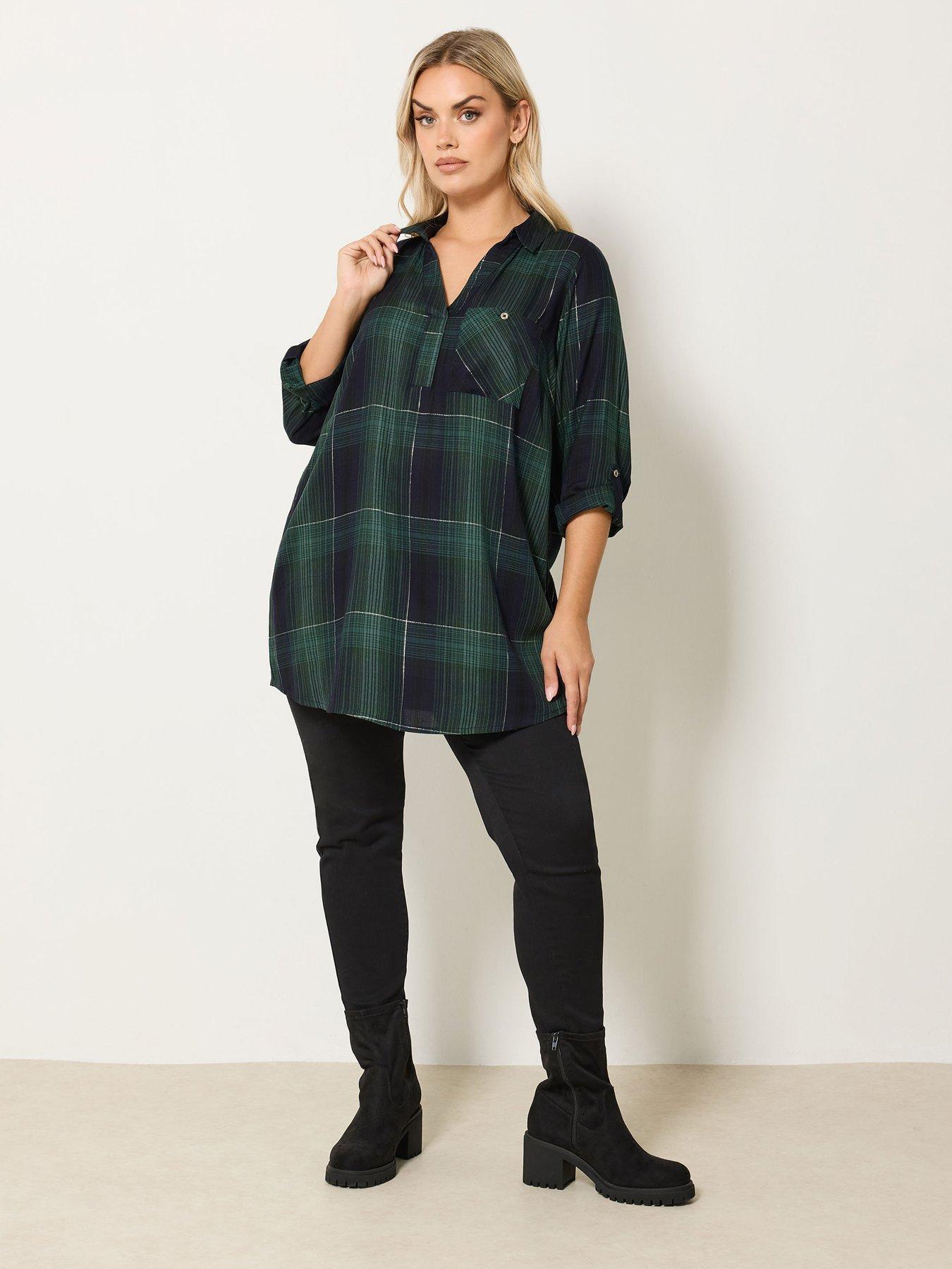 Image 3 of 4 of Yours Curve Overhead Check Blouse - Green