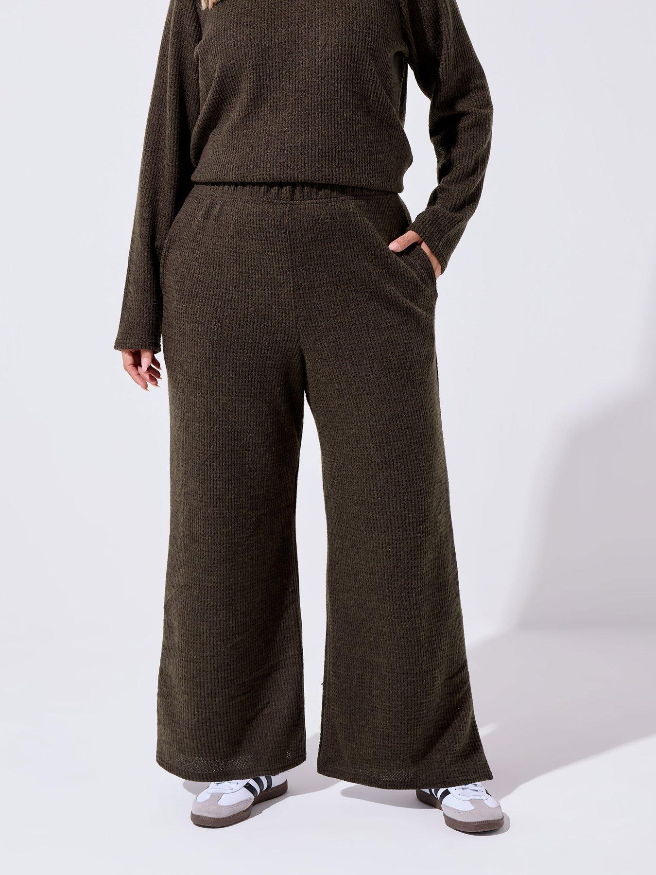Yours Curve Ribbed Lounge Trousers - Brown