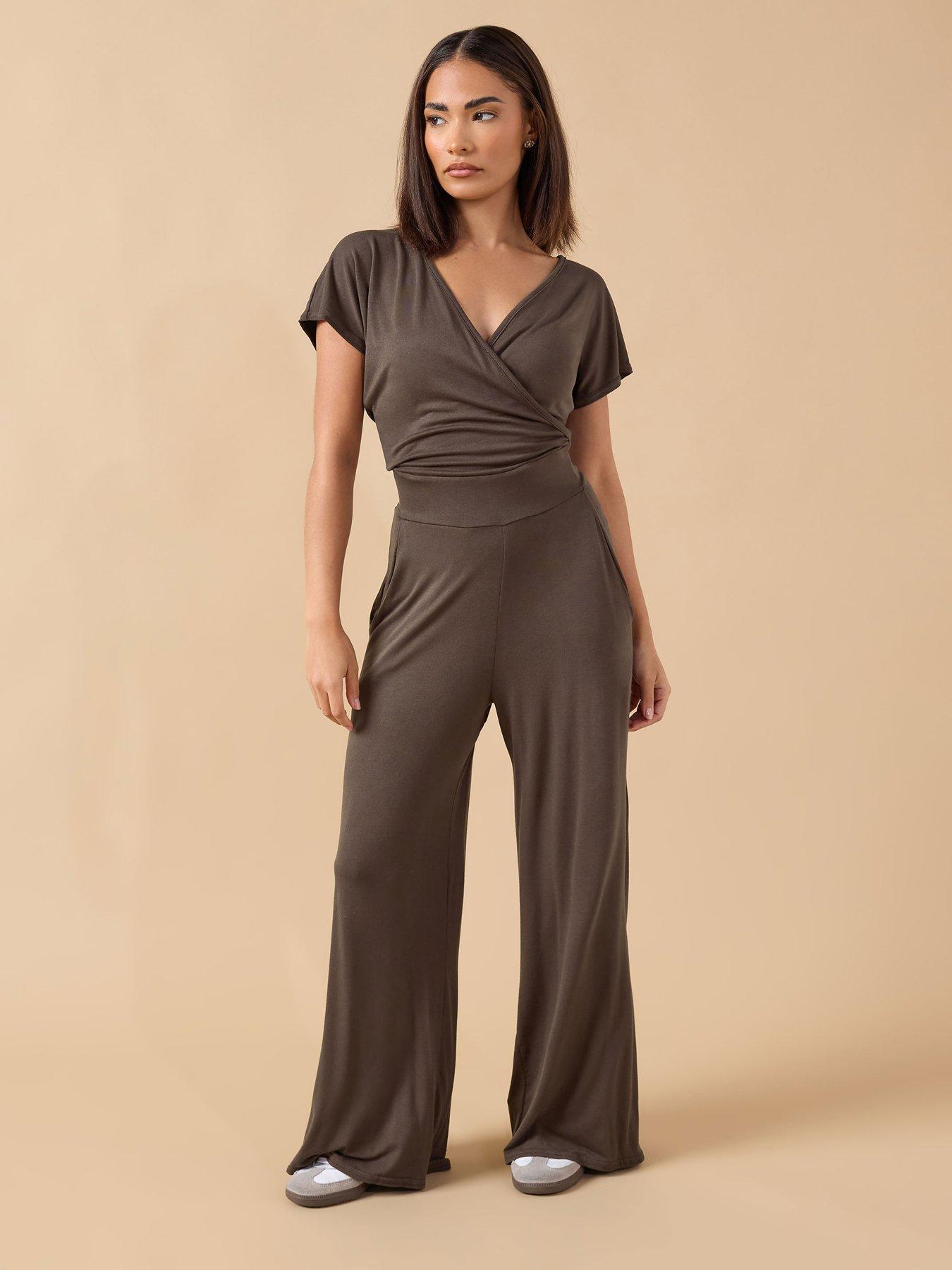  image of pixiegirl-petite-wrap-wide-leg-jumpsuit-brown