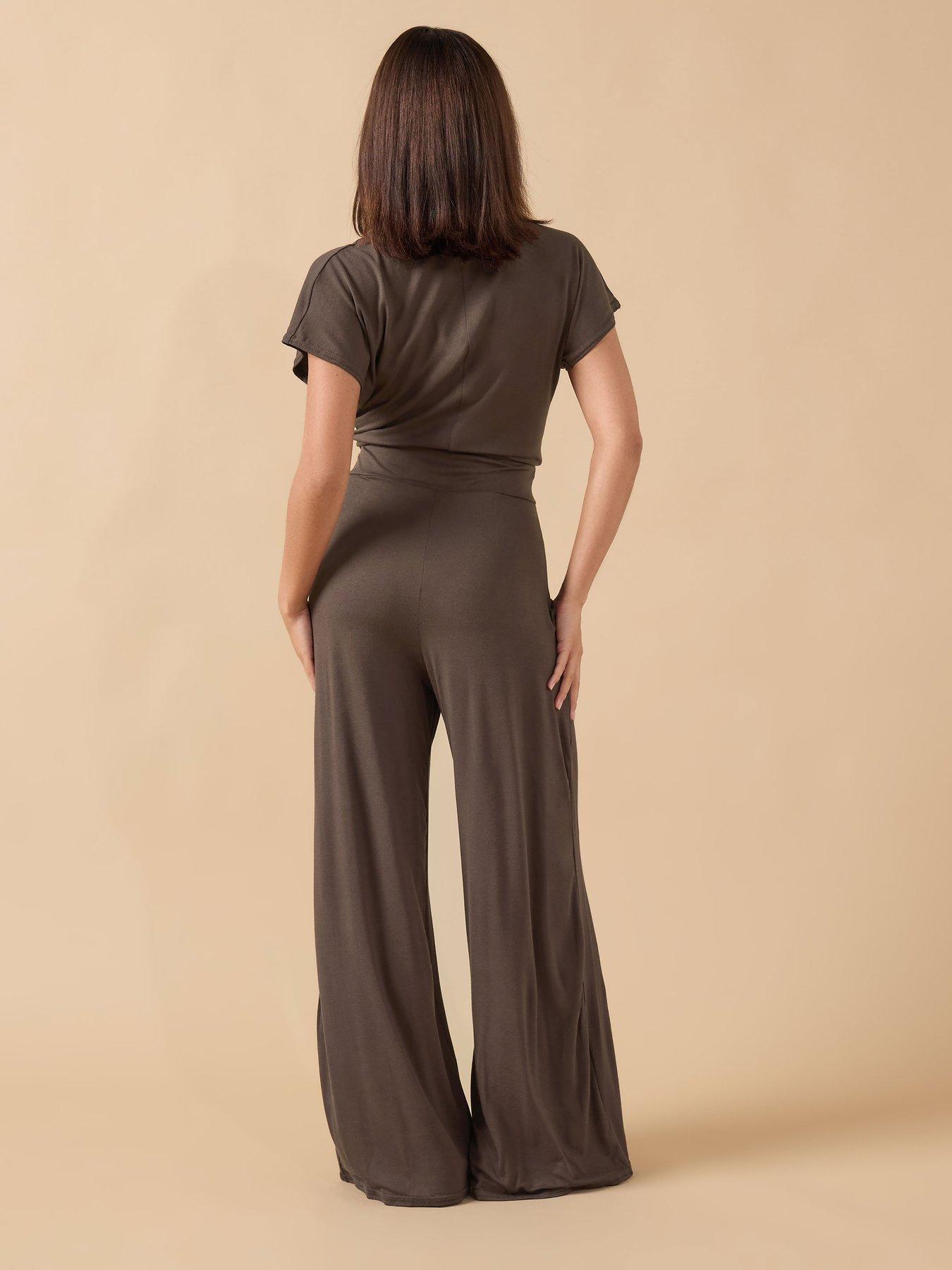  image of pixiegirl-petite-wrap-wide-leg-jumpsuit-brown