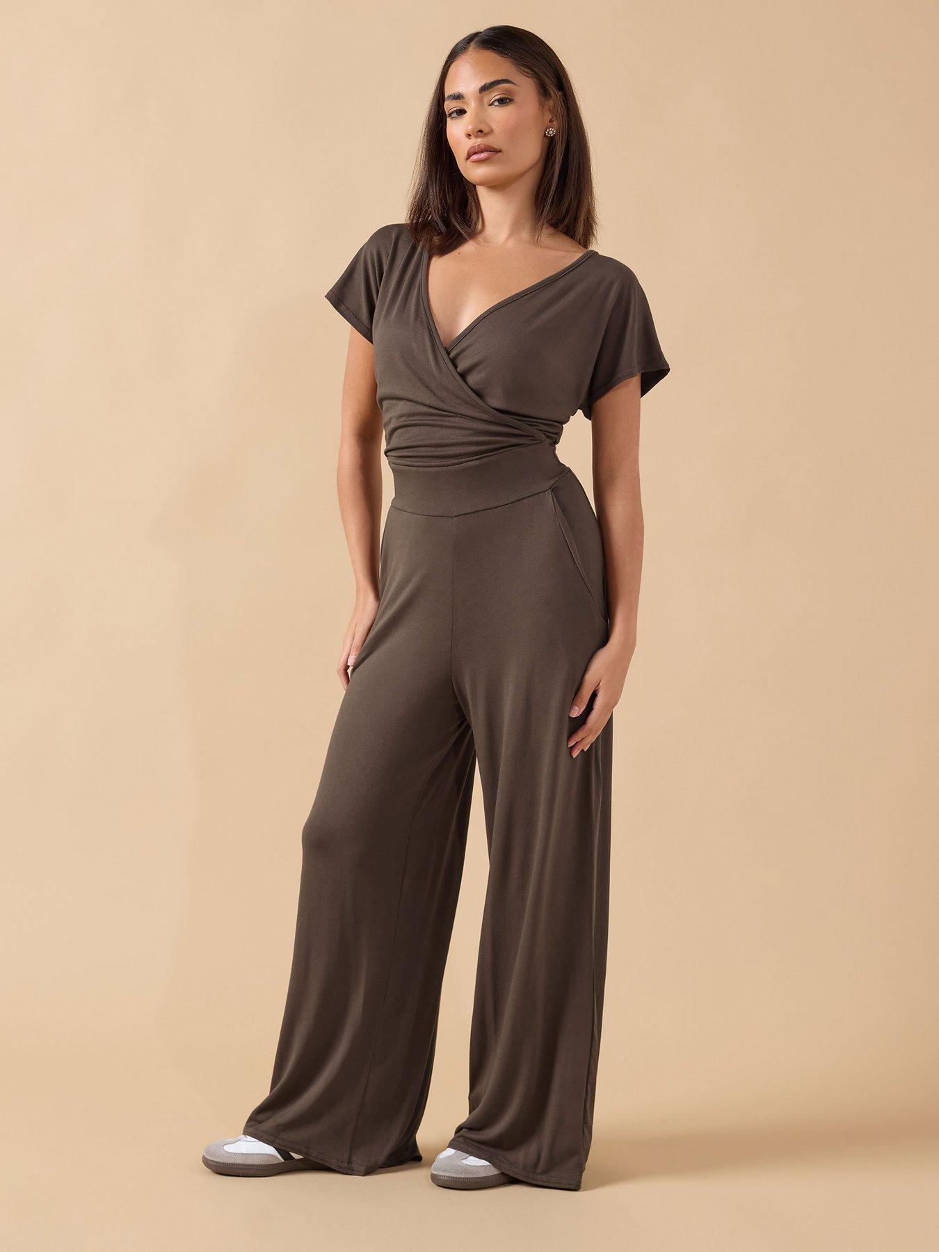  image of pixiegirl-petite-wrap-wide-leg-jumpsuit-brown
