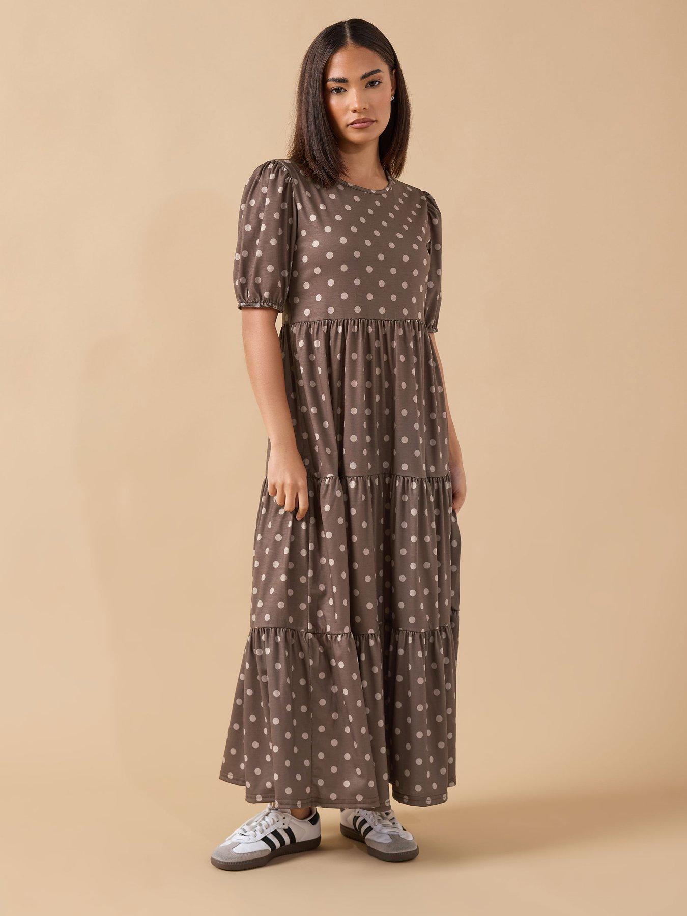  image of pixiegirl-petite-spot-tiered-midi-dress-brown