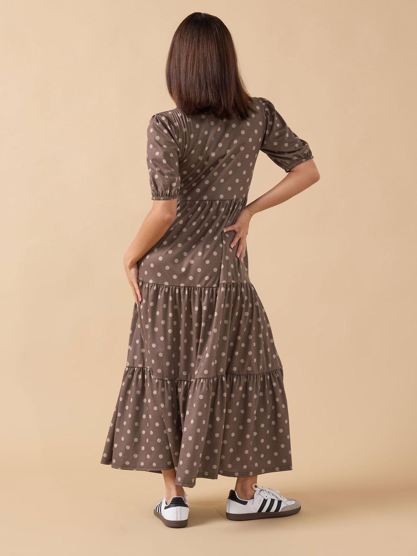  image of pixiegirl-petite-spot-tiered-midi-dress-brown