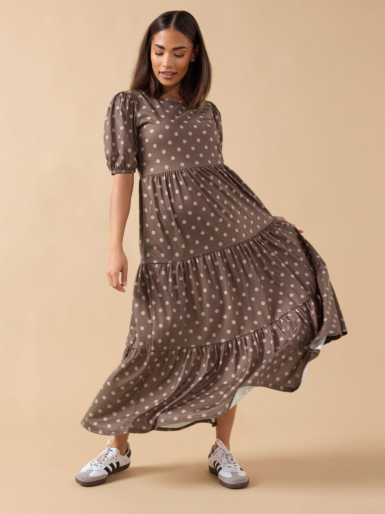  image of pixiegirl-petite-spot-tiered-midi-dress-brown